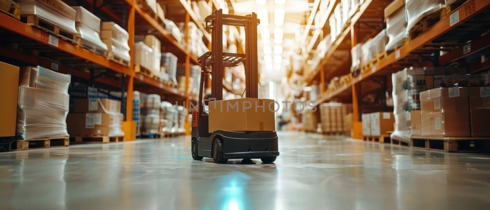 A self-driving warehouse robot loaded with boxes traverses the storage facility floor, illustrating autonomous solutions in material handling
