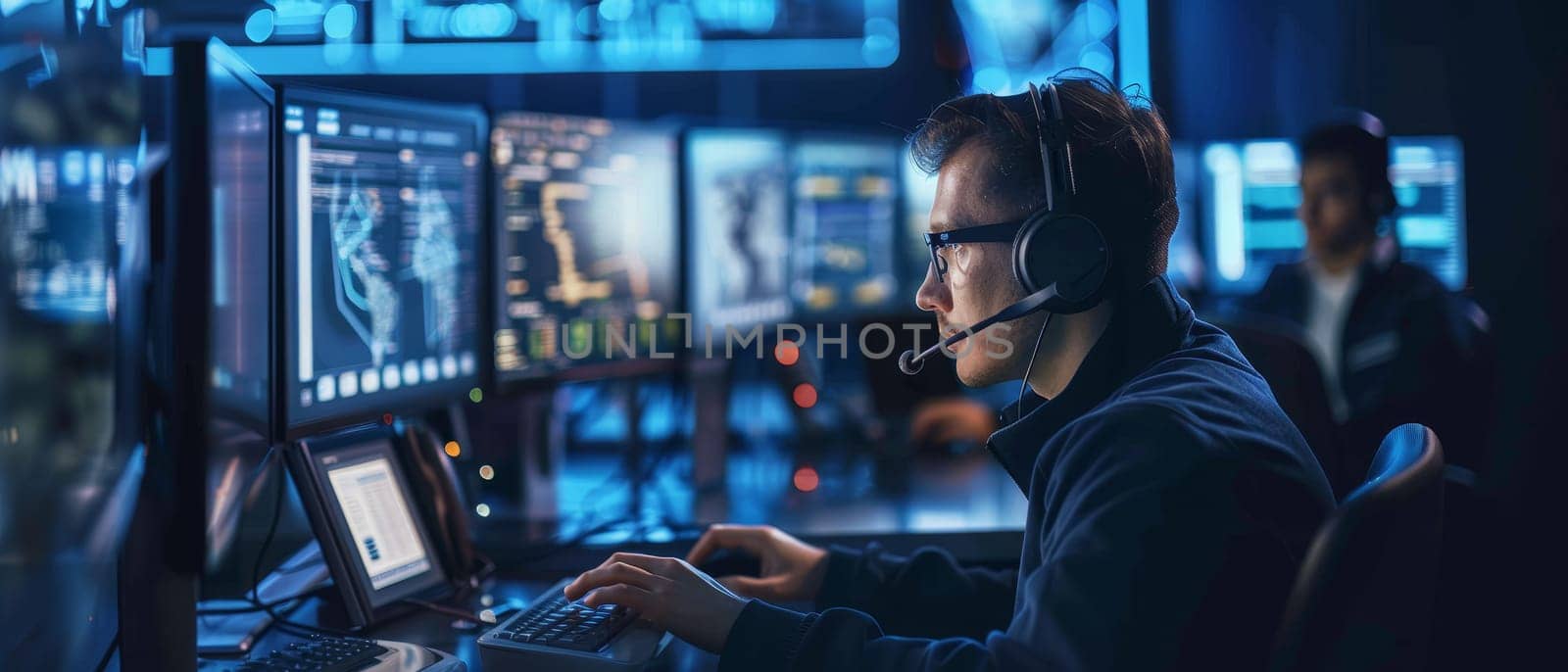 A computer expert diligently analyzes data on multiple screens while immersed in the blue glow of a high-tech control room, symbolizing cybersecurity vigilance