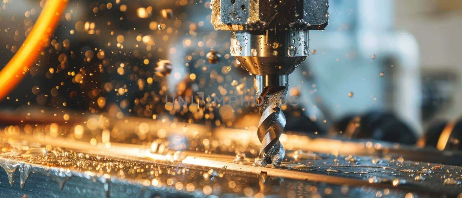Wide shot of a powerful industrial drill in action, creating a shower of golden sparks, capturing the dynamism of machine work
