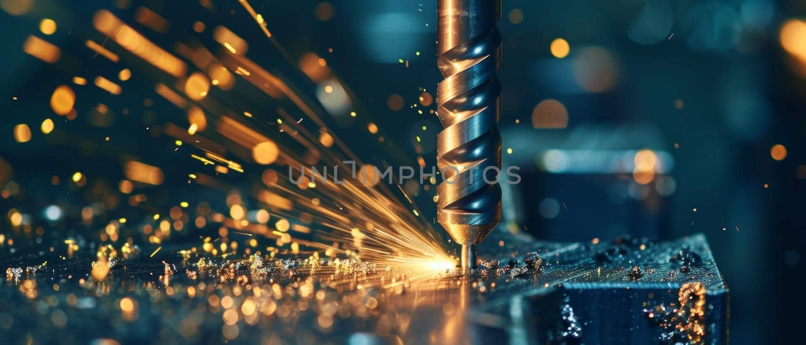 Wide shot of a powerful industrial drill in action, creating a shower of golden sparks, capturing the dynamism of machine work