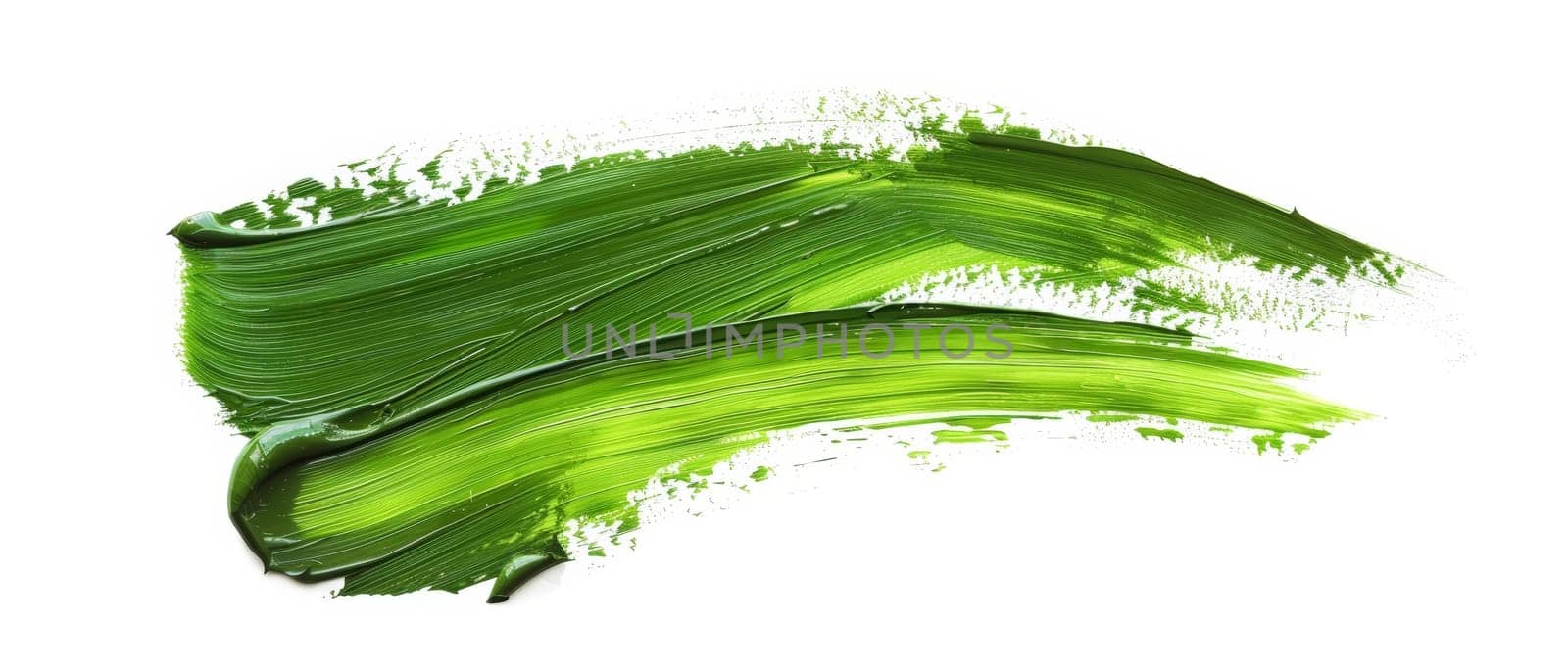 An abstract green streak of paint, with energetic splatters and fluid motion, on a stark white canvas