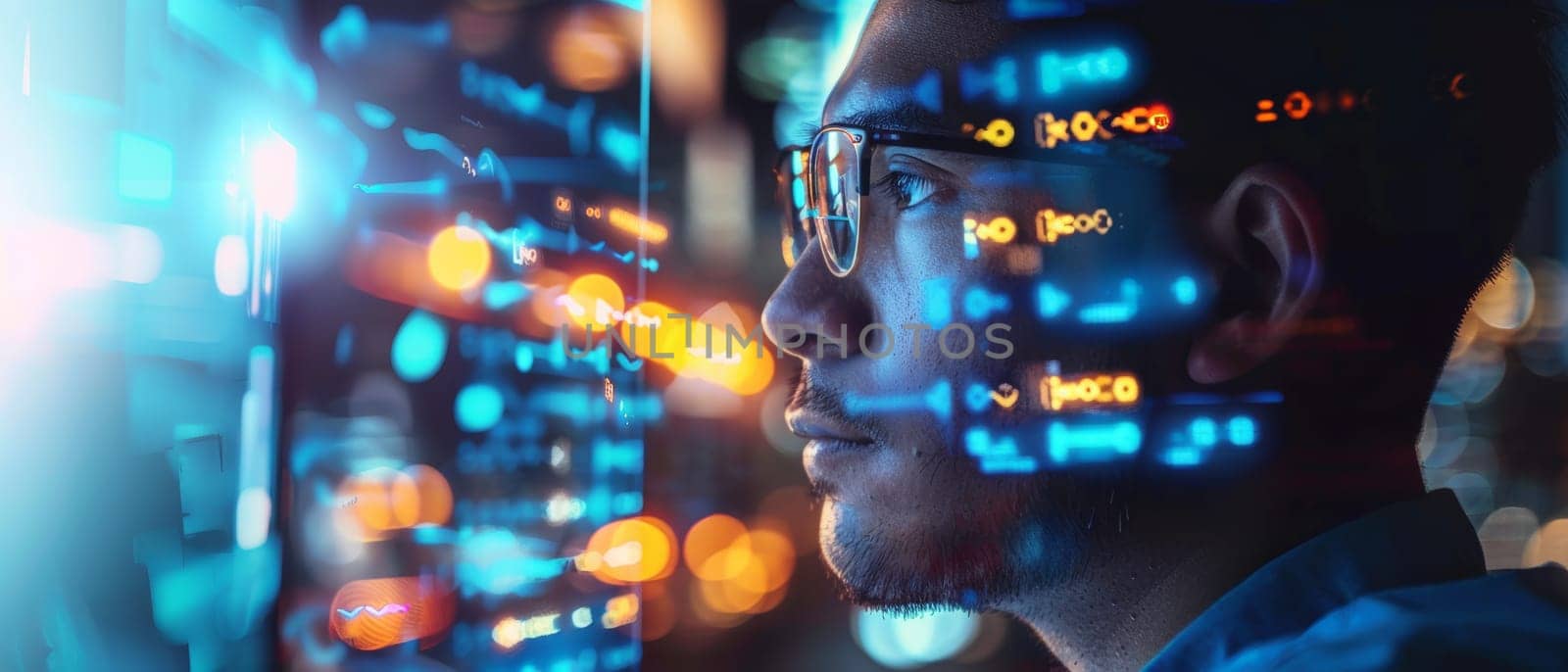 A male tech specialist focused on a data interface, with neon light reflections mapping out digital information across his face