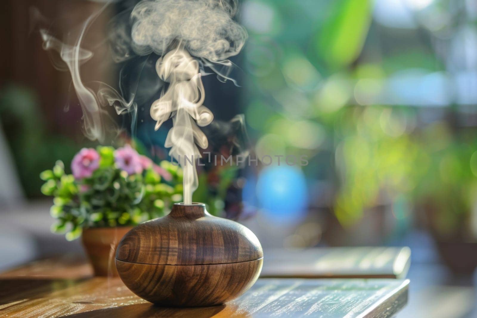 A wooden table is displayed with a vase placed on top, emitting smoke that fills the space around it in a swirling pattern. The vase is the focal point, emanating an ethereal quality with the smoke it releases.