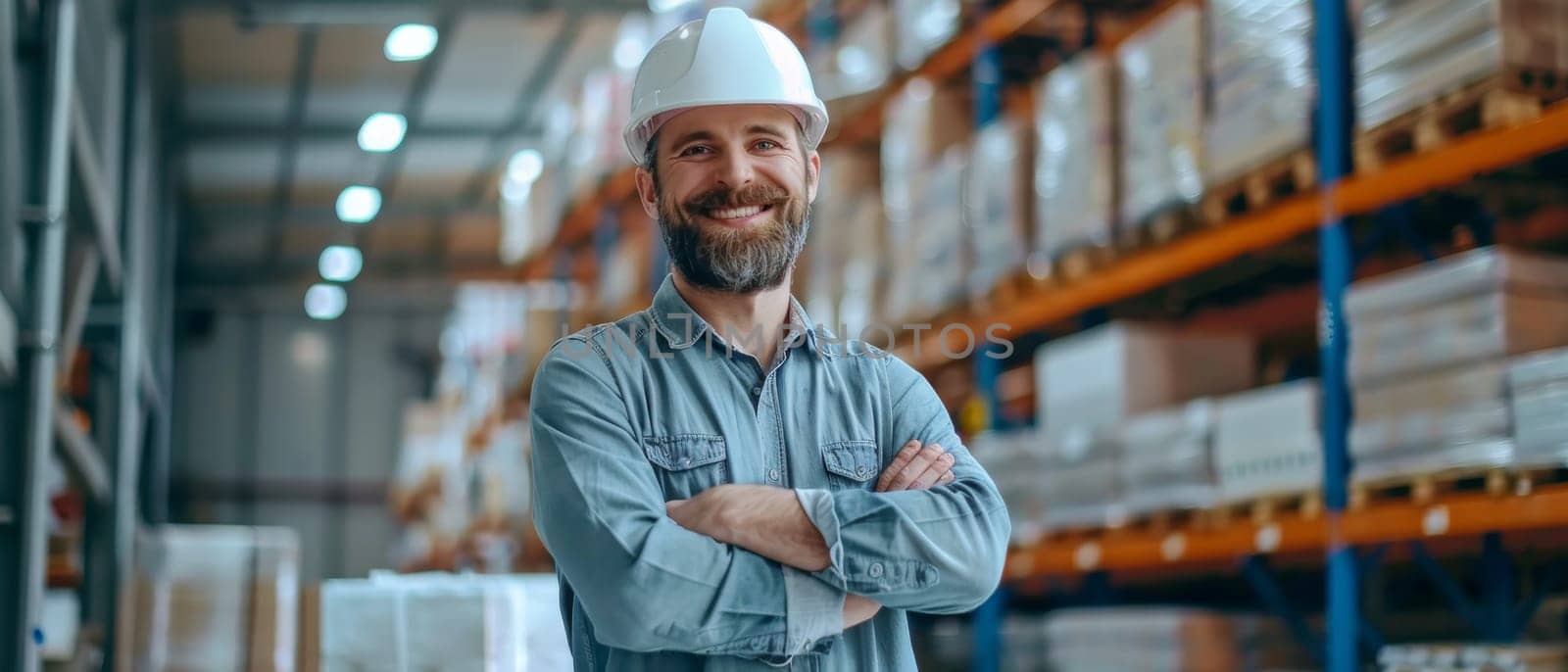 A cheerful warehouse manager wearing a hardhat and casual work clothes standing confidently in a storage facility
