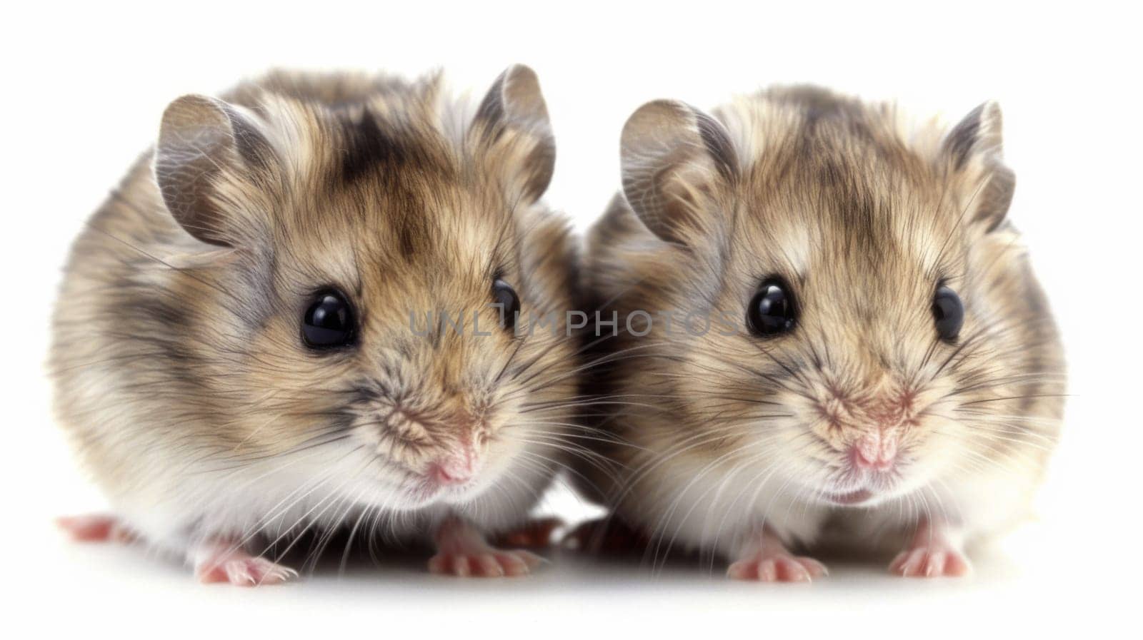 Two small brown and white mice are seated side by side, their fur blending together seamlessly. The mice appear calm and content as they gaze in the same direction, their tiny paws neatly tucked underneath them.