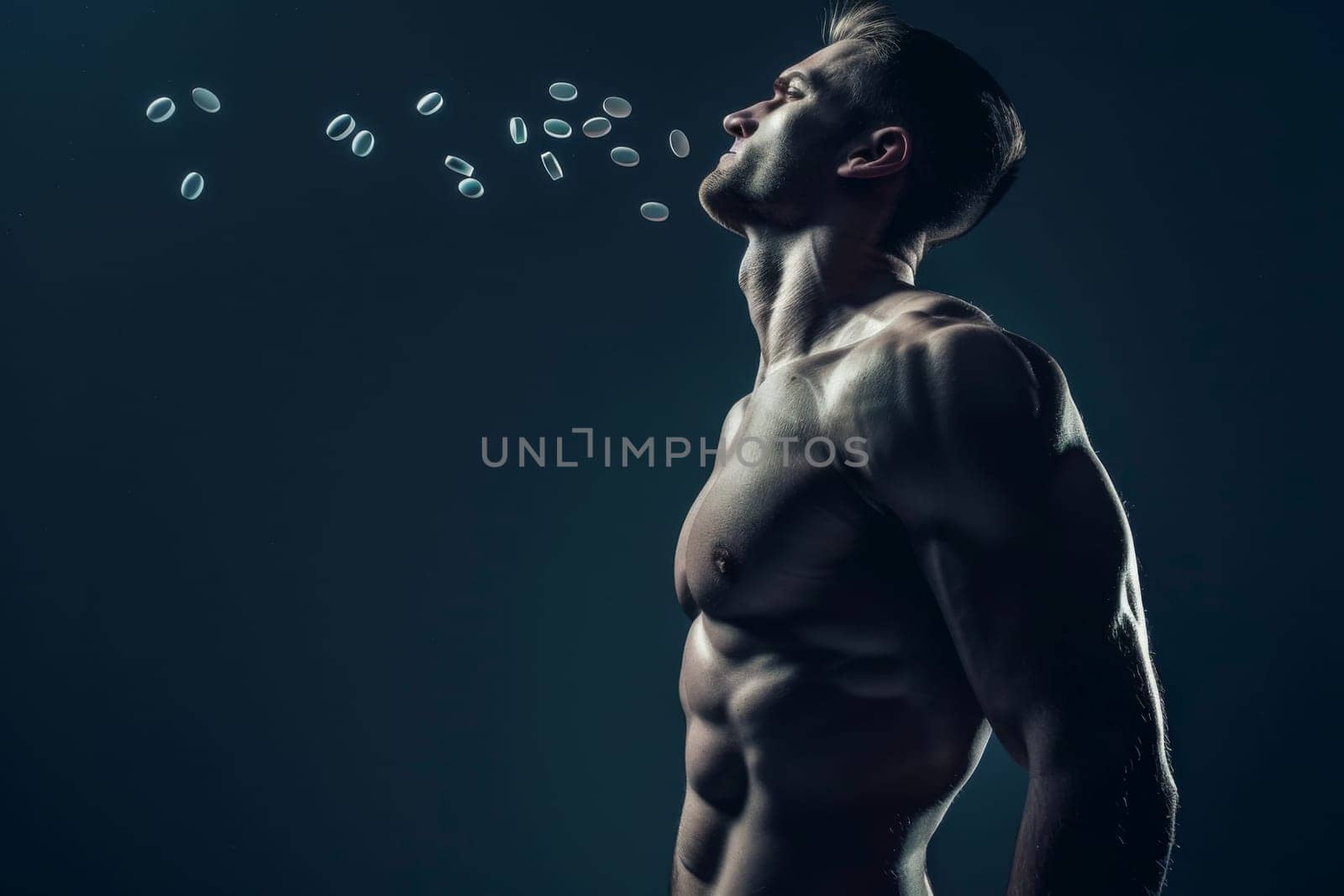 A shirtless man is shown in the image blowing bubbles into the air. The mans upper body is visible, and he is actively engaged in creating bubbles using a bubble solution and wand.