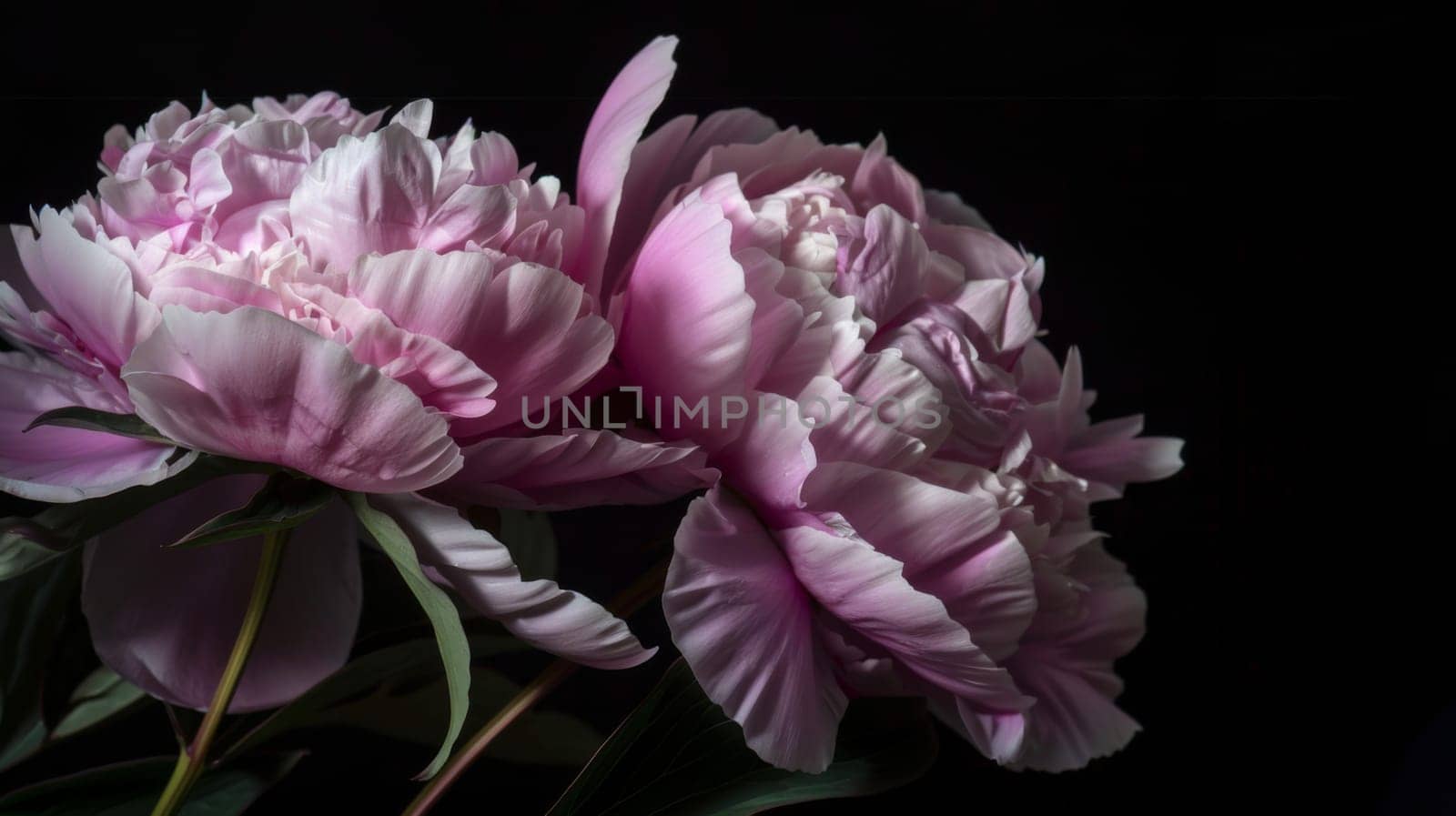 Close-up view of two pink flowers against a deep black background, showcasing intricate details of their petals and vibrant colors.