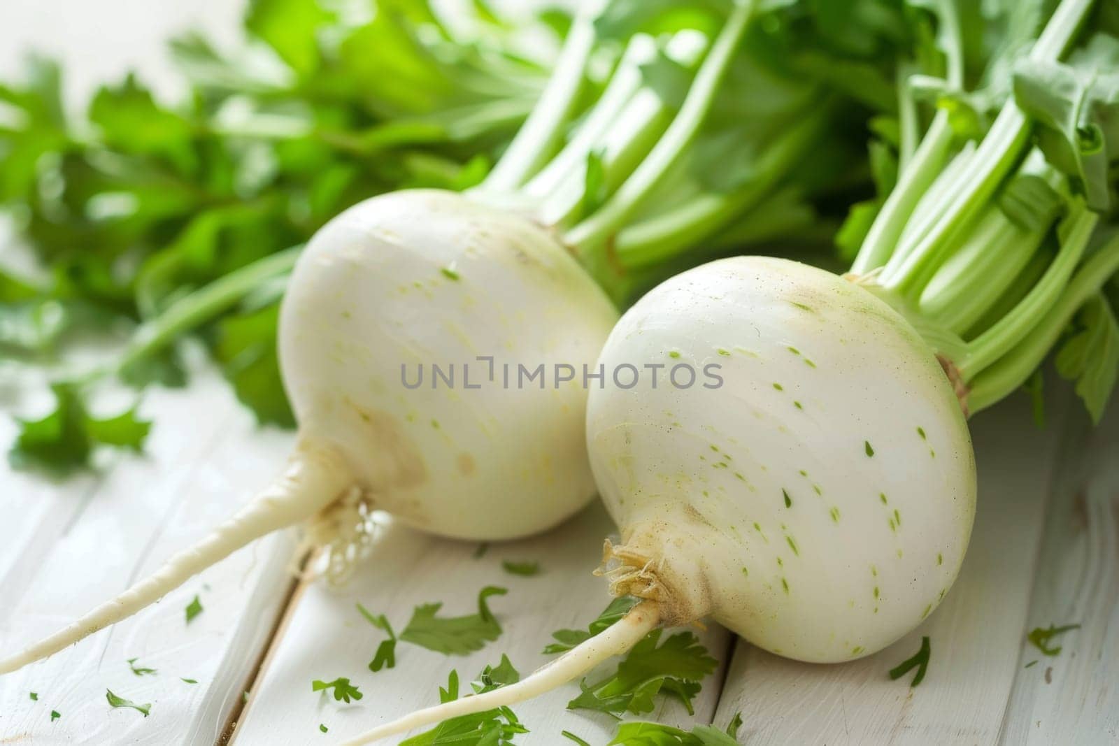 Two white radishes with fresh green leaves are placed on a clean white table. The radishes are prominently displayed, showcasing their vibrant colors and natural beauty.