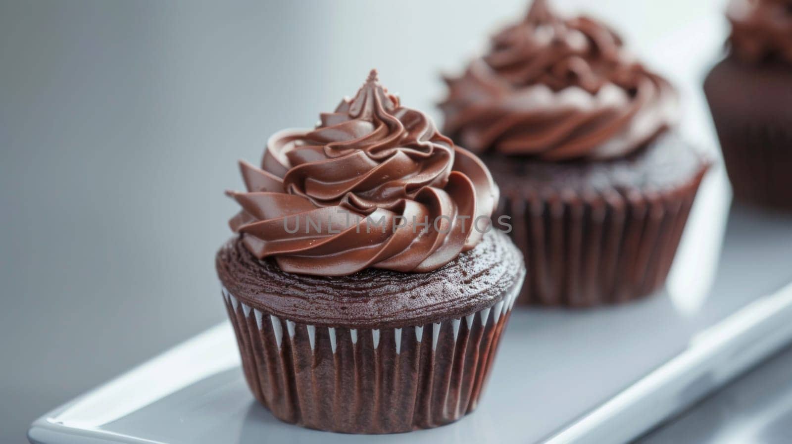 Two chocolate cupcakes topped with rich chocolate frosting are displayed on a clean white plate. The cupcakes are perfectly frosted and look delicious.