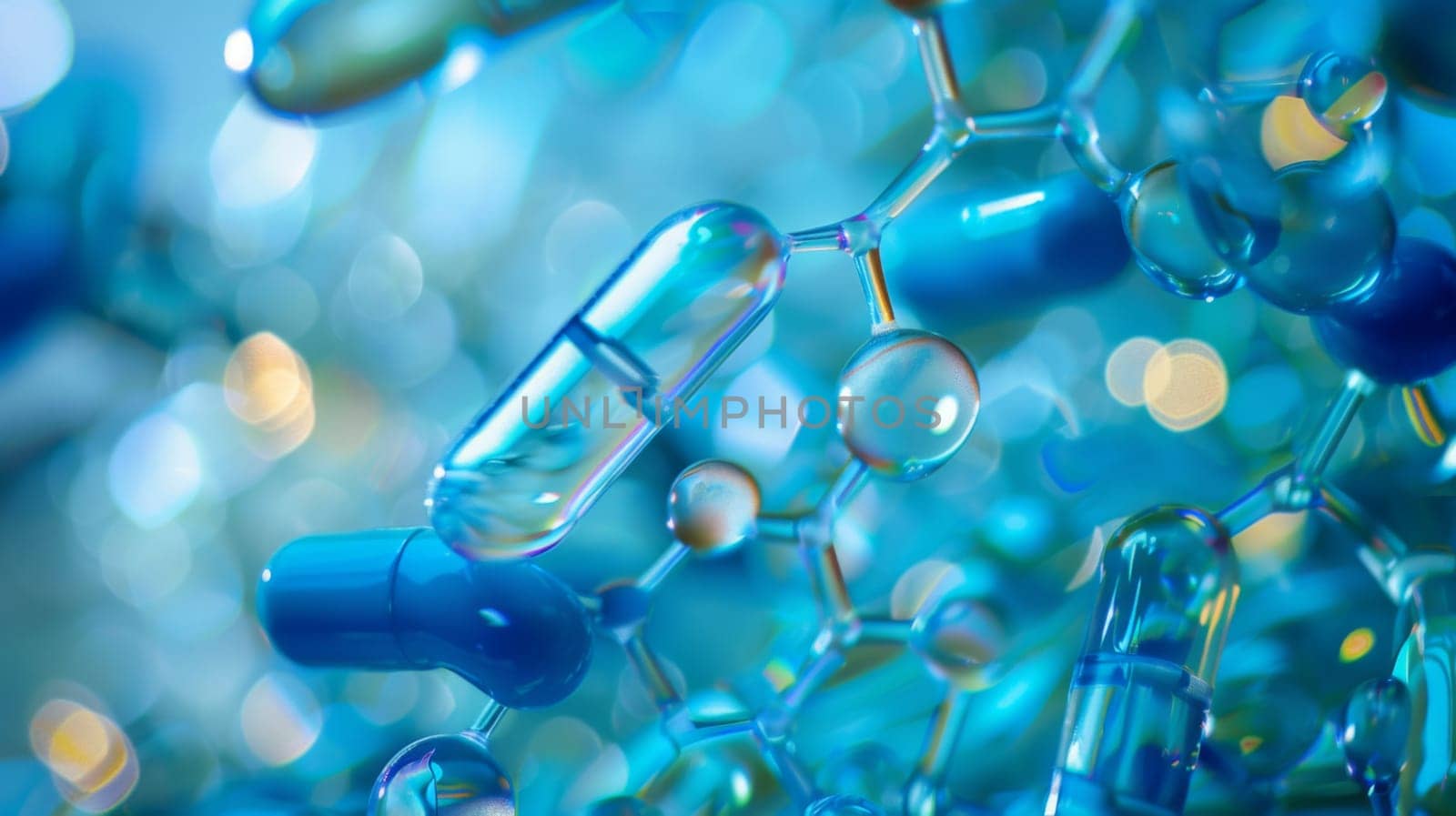 Numerous blue and green pills are neatly arranged on a solid blue background. The pills vary in size and shape, creating a visually interesting pattern on the surface.