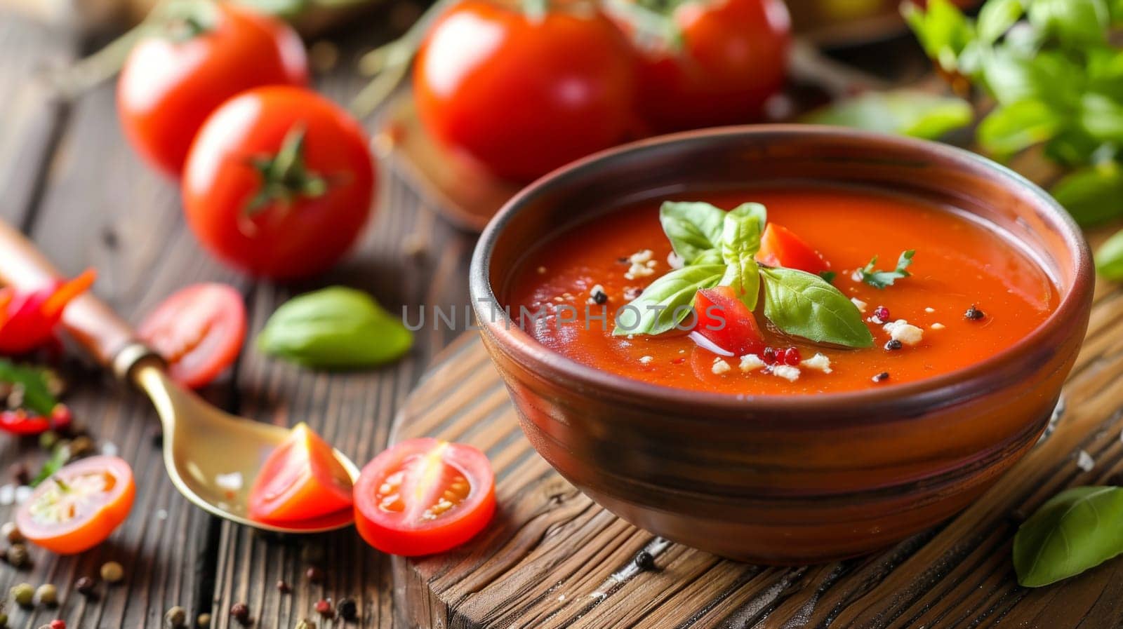 A bowl filled with hot tomato soup sits on a rustic wooden table. The steam gently rises from the soup, indicating its warmth. The tables grains and texture add a natural element to the scene.