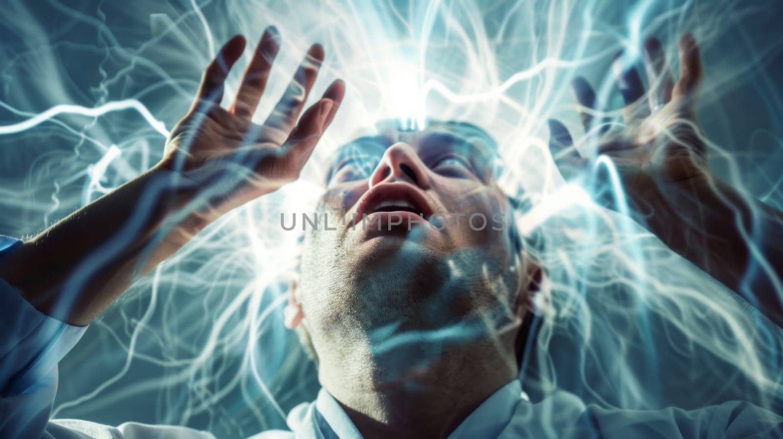 A man is standing with his hands held up in the air, palms facing outwards. It appears to be a gesture of surrender or submission, as his body language indicates a lack of aggression or hostility.