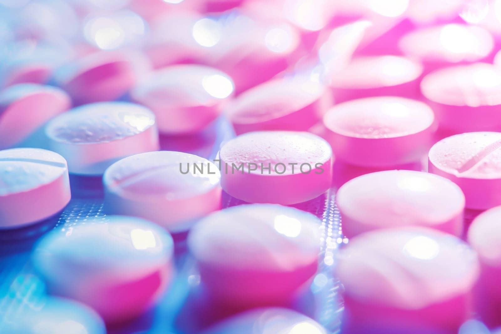 A close-up view of numerous pink and white pills arranged in a random pattern. The pills are assorted in size and shape, creating a visually interesting composition. The focus is on the pills colors and textures, revealing details of pharmaceutical medication.
