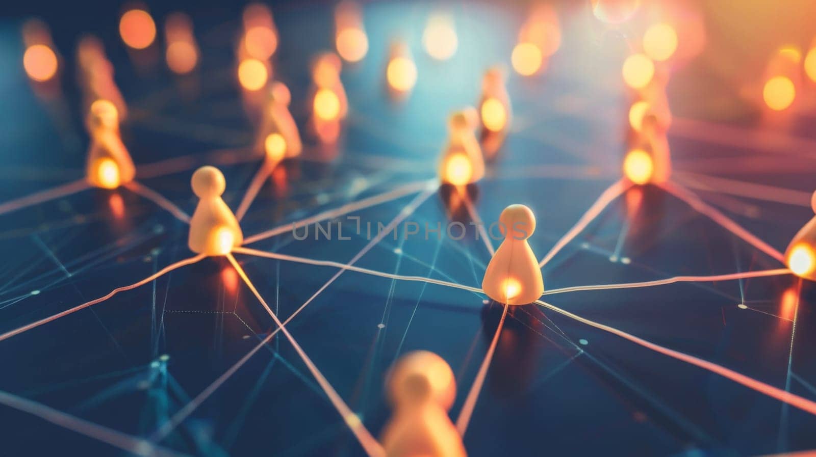 A diverse group of individuals standing in a circle around a complex network of bright lights. They appear engaged, possibly discussing or admiring the intricate setup before them.