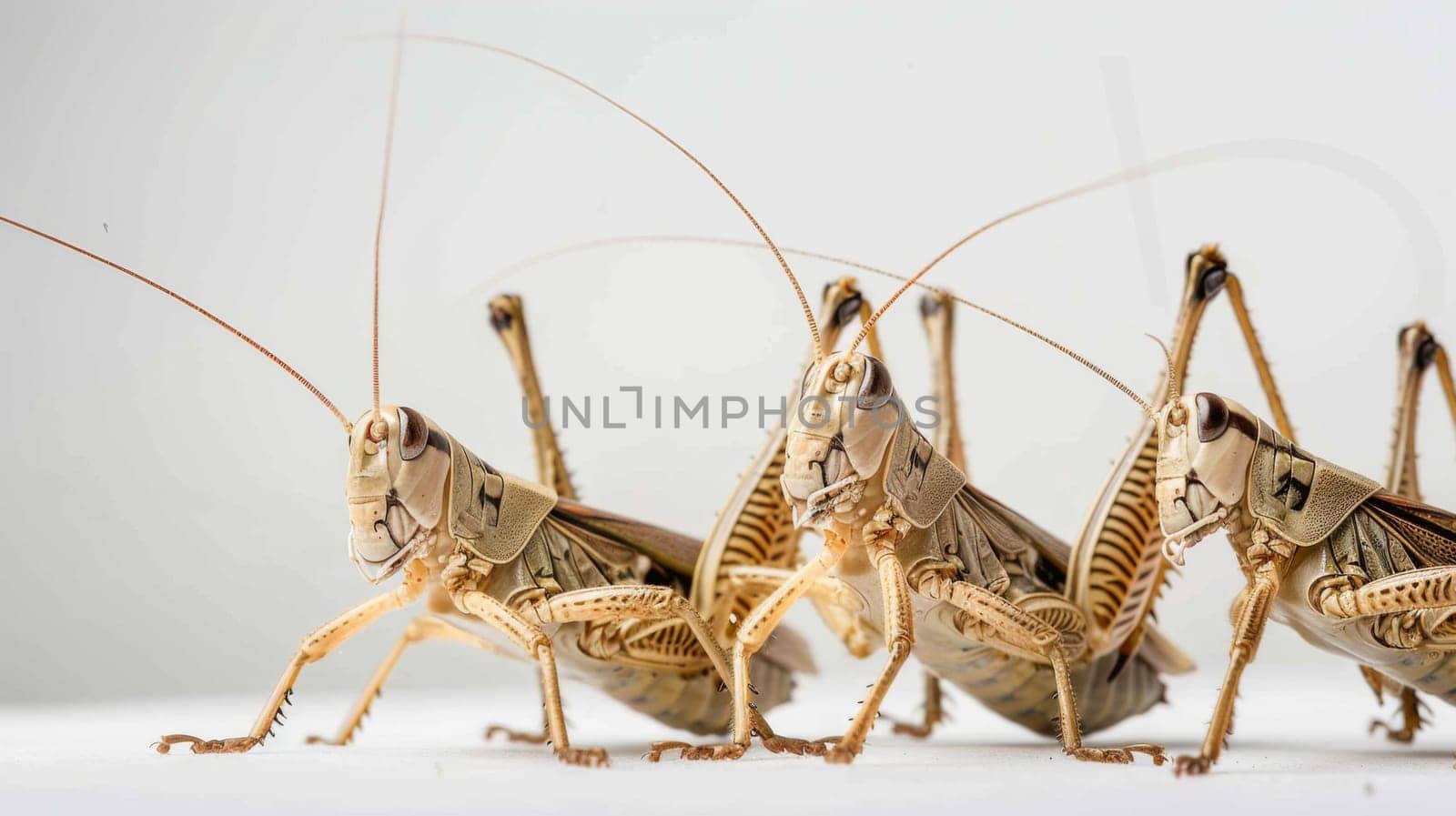 A group of grasshoppers, several of them on a grassy surface, are seen standing closely next to each other. They appear motionless in this moment, showcasing their unique body structures.