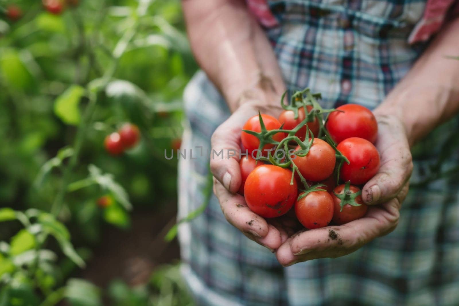 A person standing against a plain background, holding a bunch of ripe red tomatoes in their hands. The persons hands are slightly dirty, indicating they have been harvesting the tomatoes. The tomatoes look fresh and vibrant, with green stems and shiny skin.