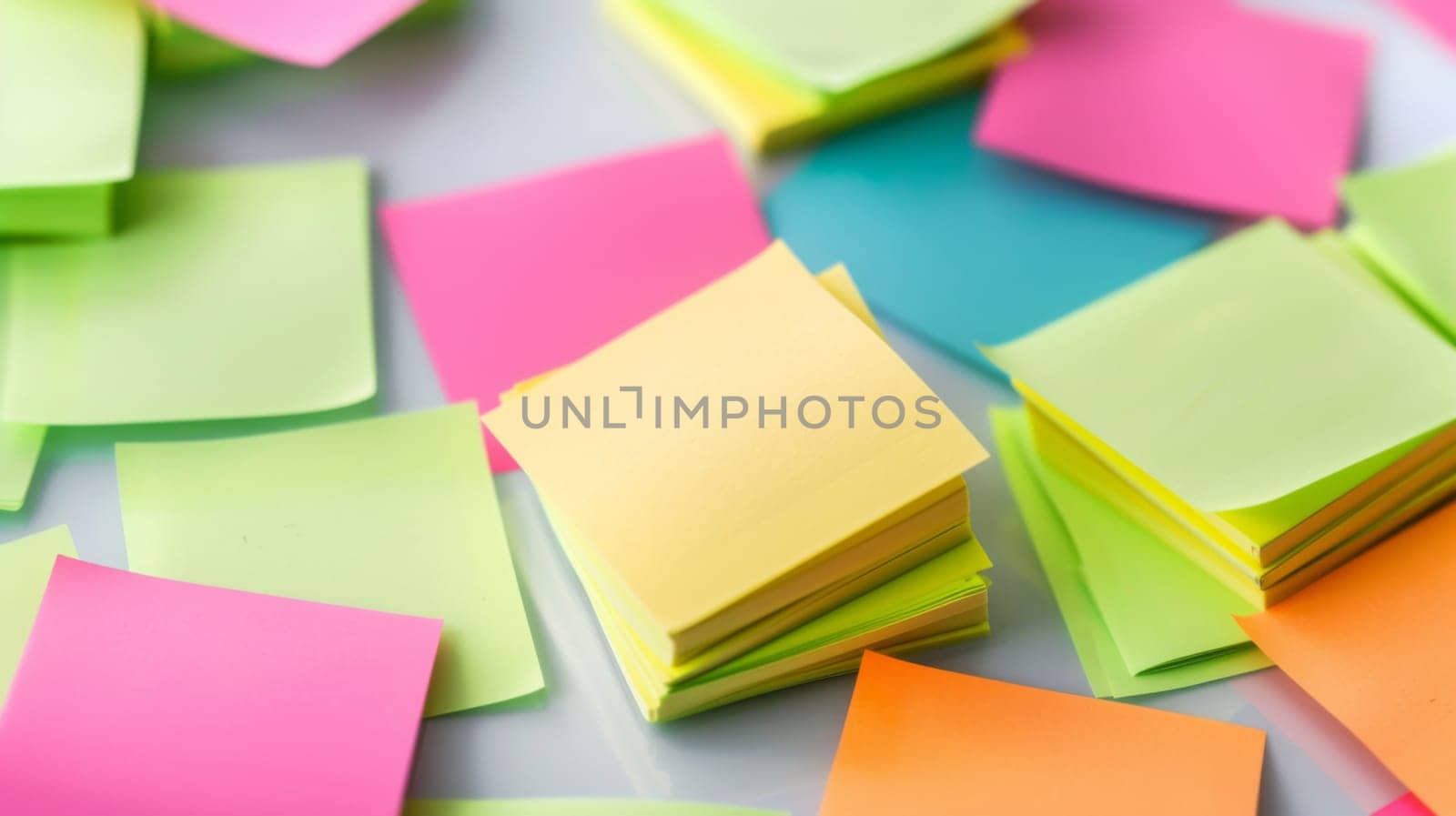A collection of vibrant sticky notes in various colors stacked on top of a wooden table. Each note is unique, showcasing a rainbow of hues and holding information or reminders. The pile is neatly arranged, creating a visually appealing display.