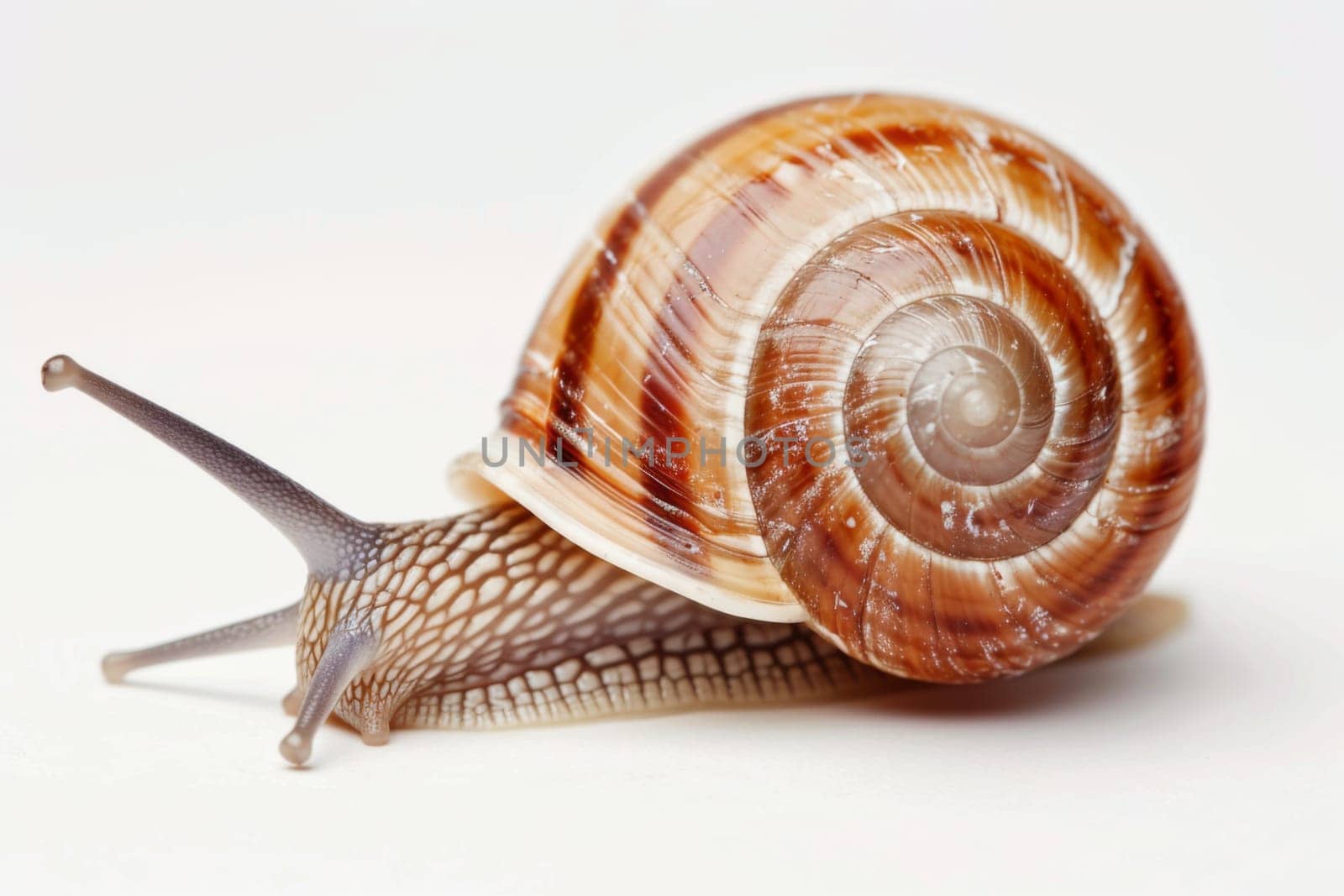 This close-up shot showcases a snail crawling on a stark white background. The snails shell and slow movement are clearly visible, creating a detailed view of this common garden creature.