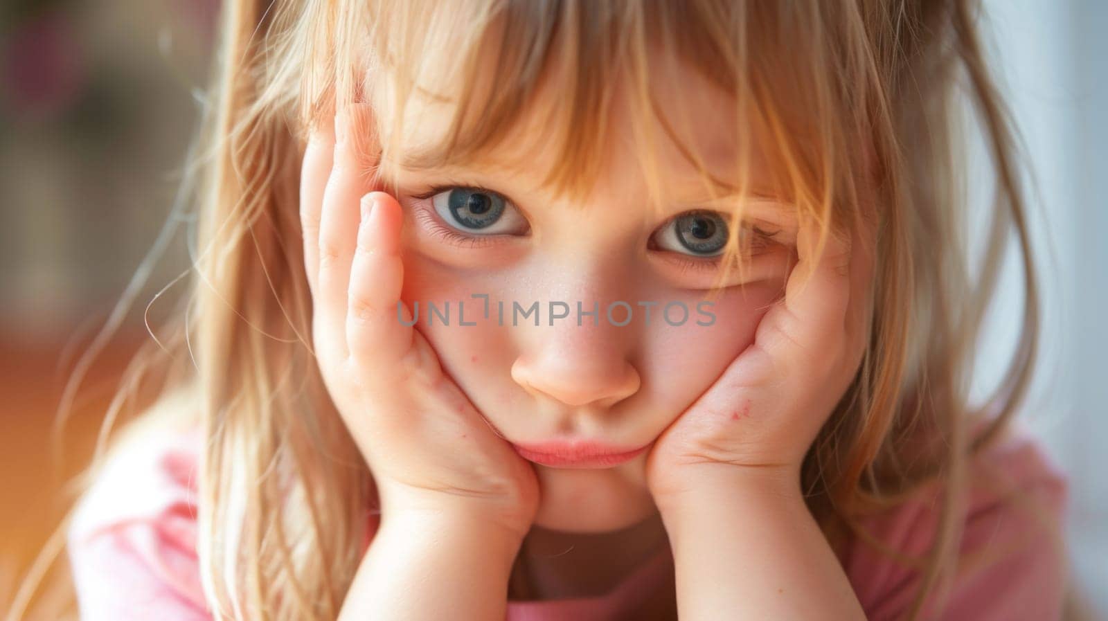 A young girl with her hands resting on her cheeks looks directly at the camera with a curious expression. Her eyes are wide open and filled with wonder, showcasing a sense of innocence and playfulness.