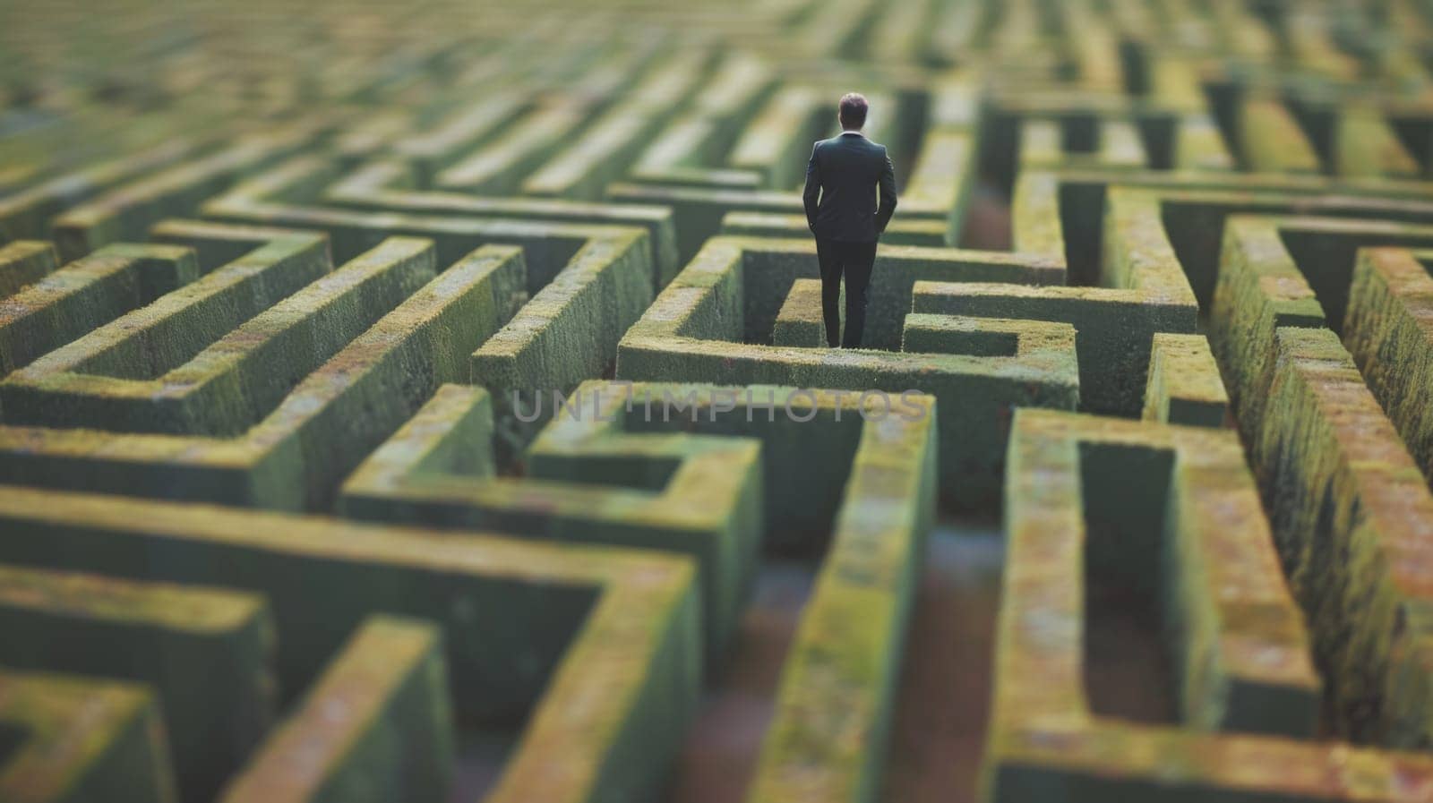 A man dressed in a suit standing in the center of a complex maze, surrounded by high walls. He appears contemplative as he strategizes his next move to navigate the labyrinthine paths.
