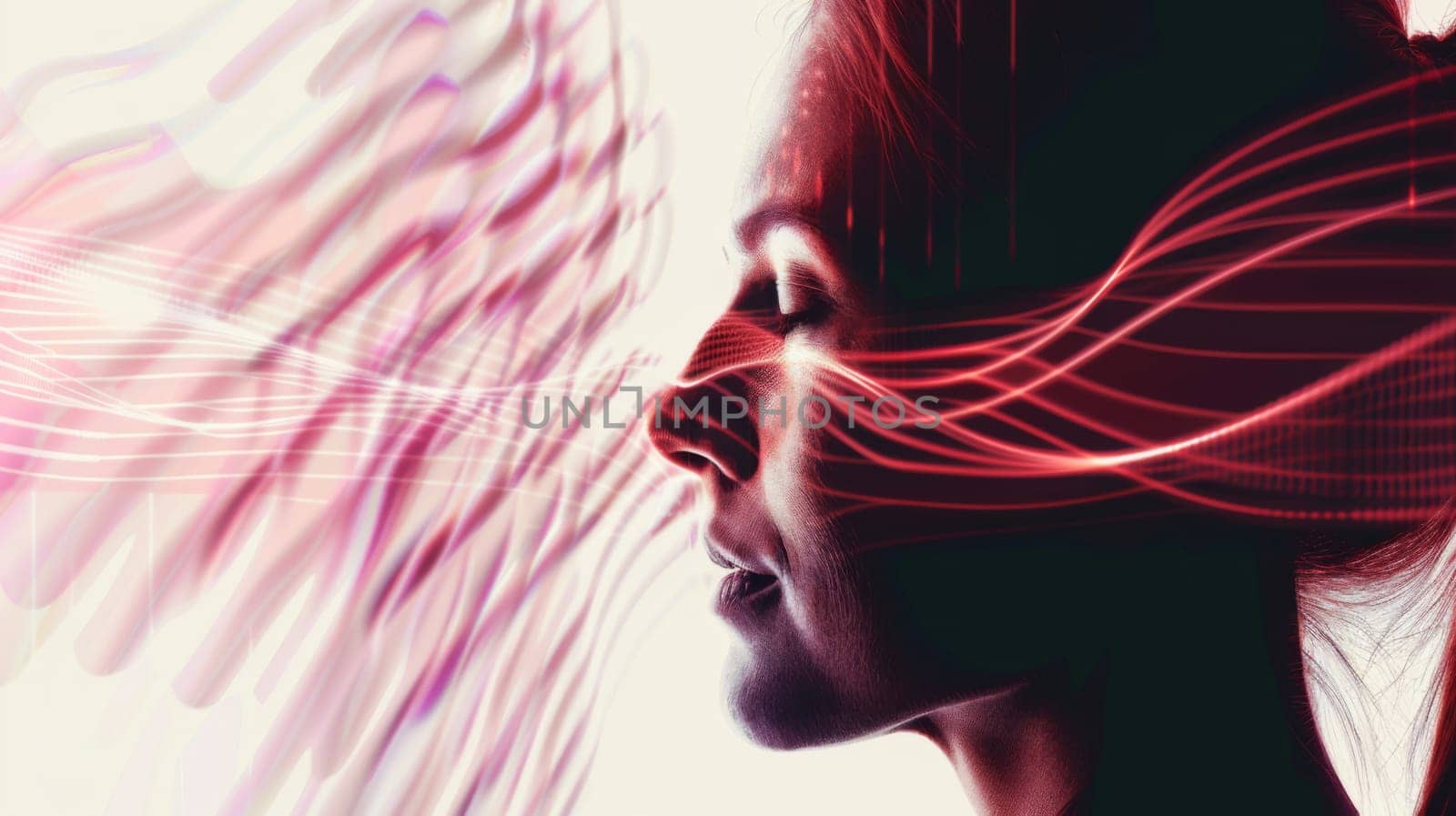 A profile of a woman is shown against a backdrop of intersecting red lines, creating a dynamic and visually striking contrast. The womans features are accentuated by the bold lines behind her, drawing the viewers attention to her silhouette.