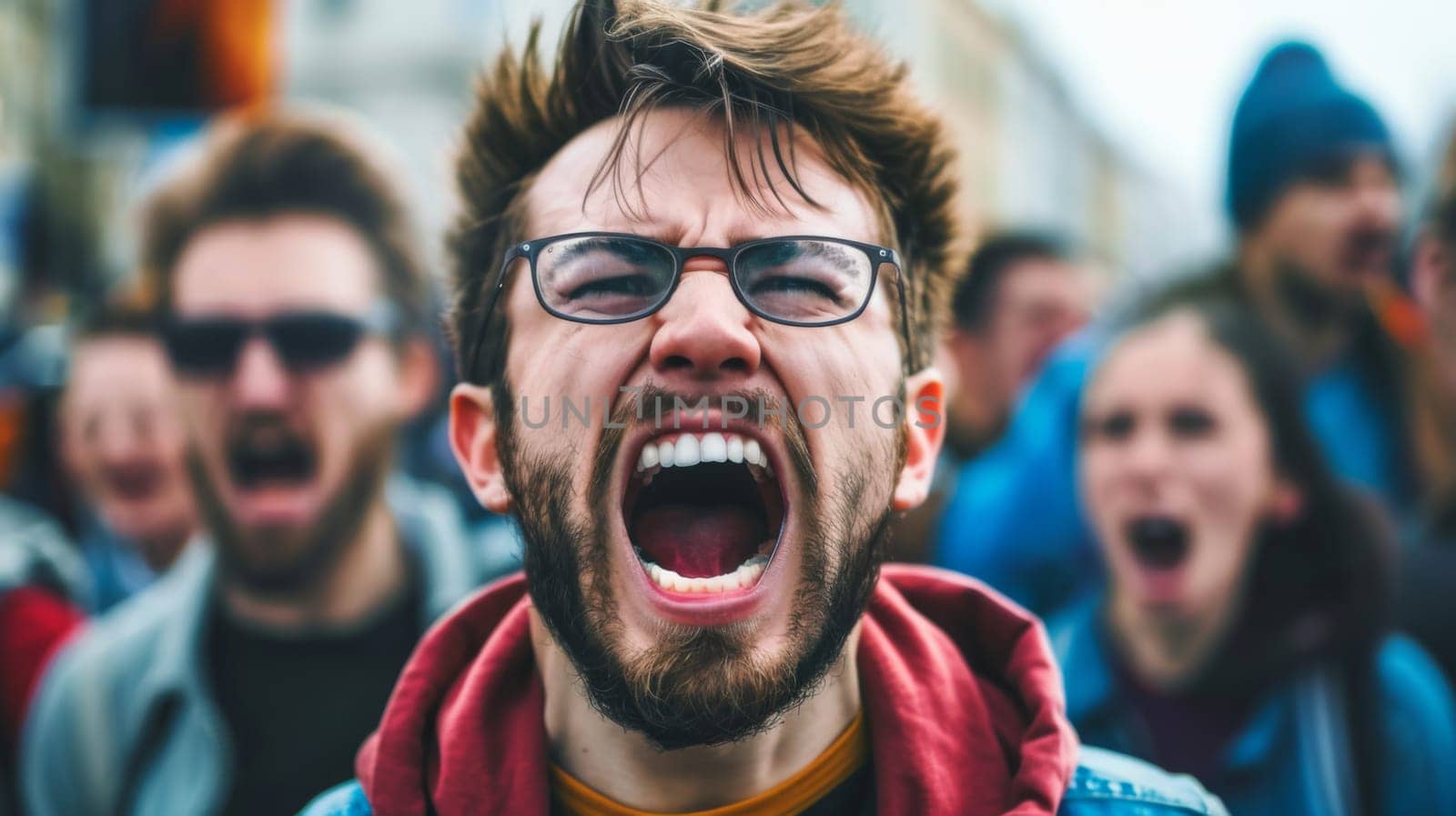 A group of individuals standing together with their mouths open, possibly in shock or surprise. Their expressions convey a sense of astonishment or disbelief as they react to something unexpected. The diverse group appears to be reacting simultaneously, creating a dynamic and engaging scene.