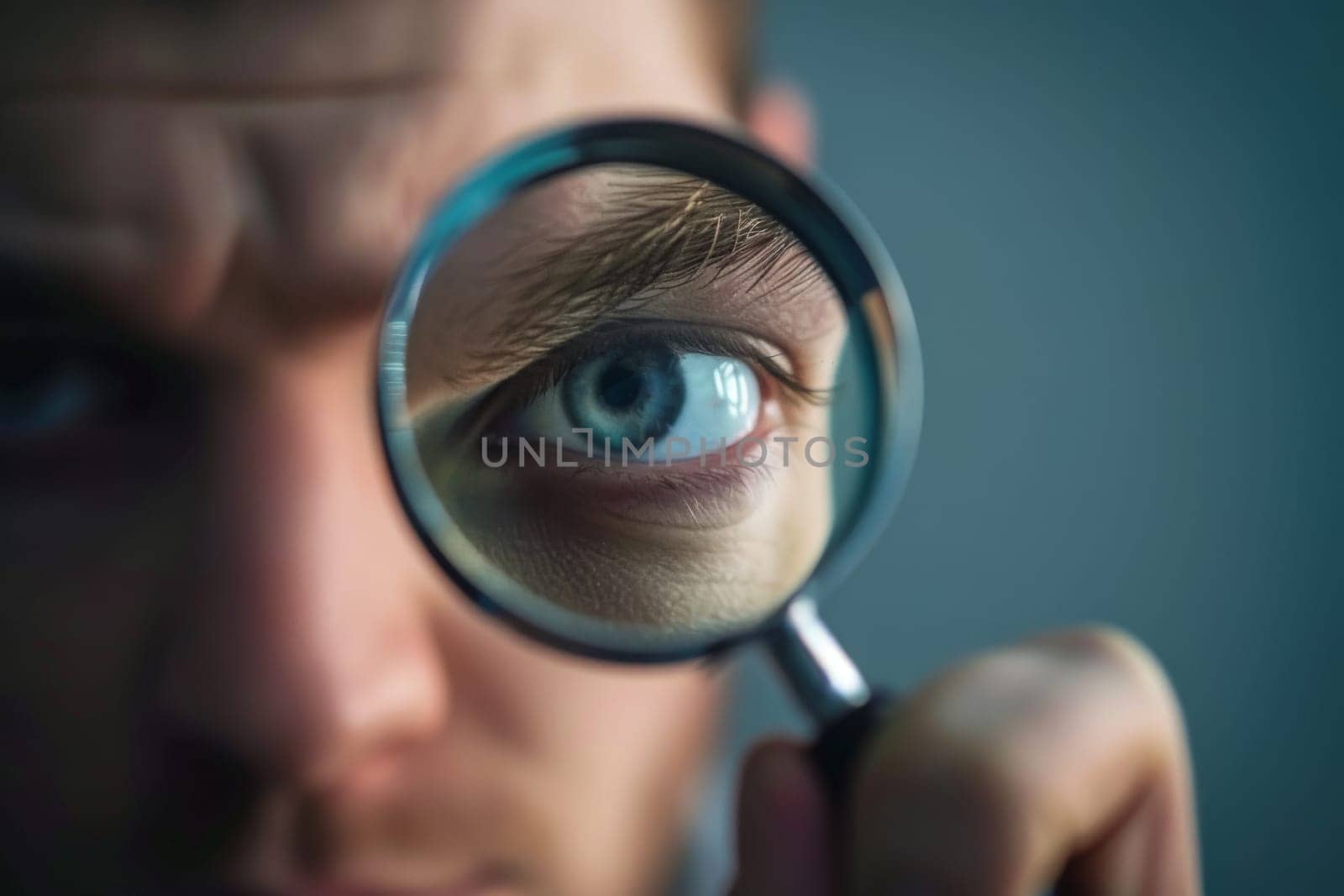 A man holds a magnifying glass up to his eye, focusing intently on an object. His eye is enlarged through the glass as he scrutinizes the details.