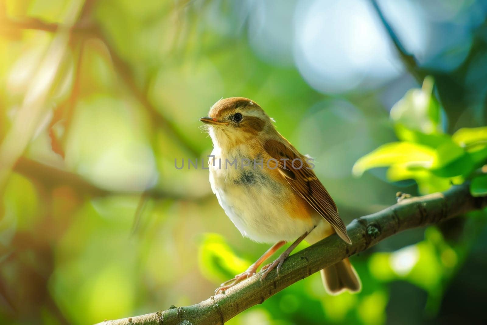 A small bird is perched on a tree branch, blending in with its surroundings. The bird appears alert and may be observing its surroundings. The branch is sturdy and provides a secure spot for the bird to rest.