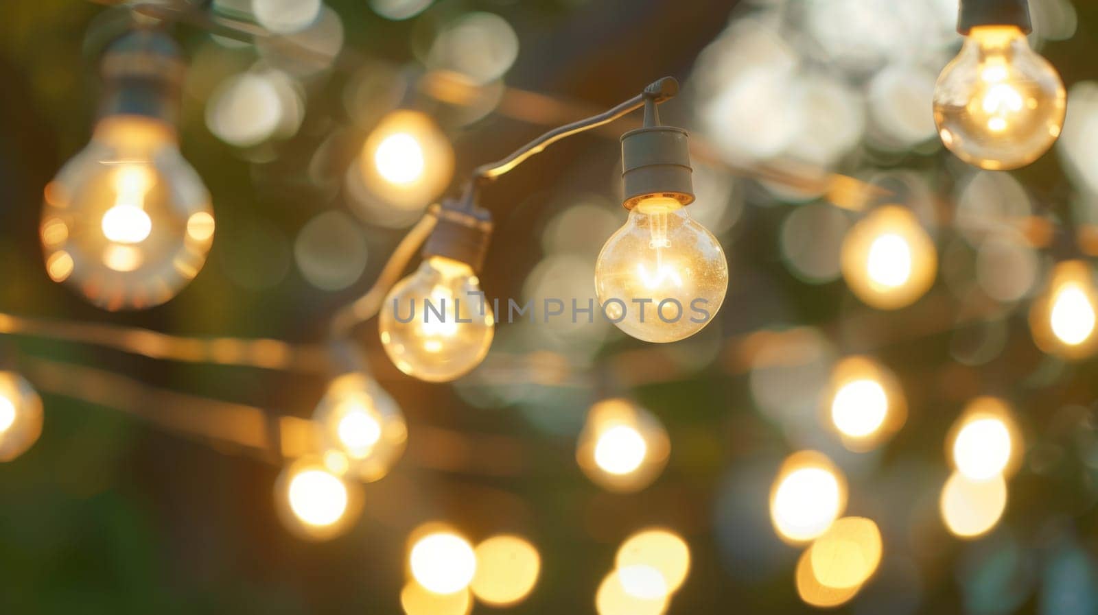 Several light bulbs are hanging from the branches of a tree, creating an unusual and striking visual display. The bulbs are illuminated, casting a warm glow over the surrounding area.