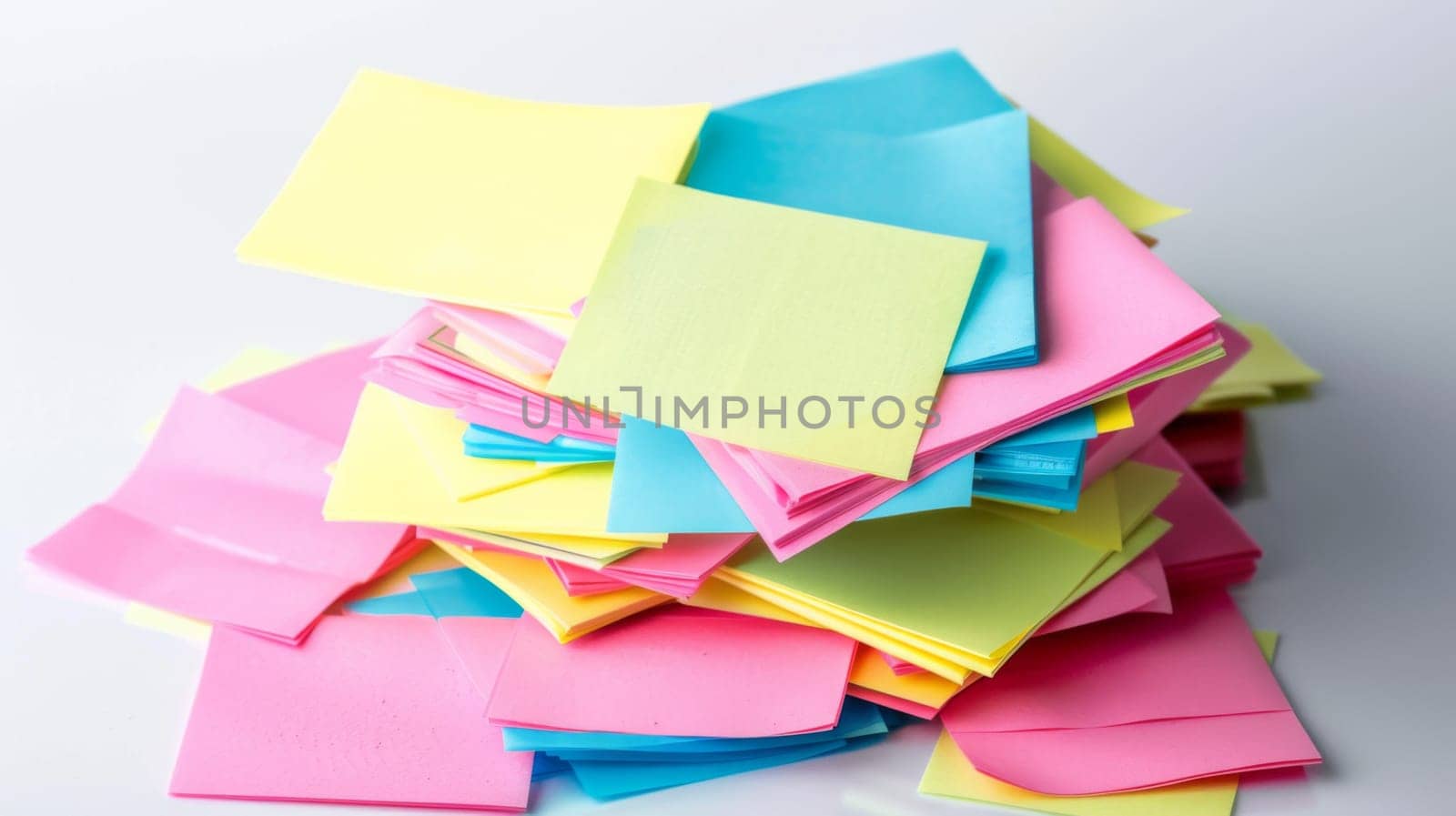 A group of colorful sticky notes arranged in a pile on top of a wooden table. Each note is covered in various handwritten messages and reminders.