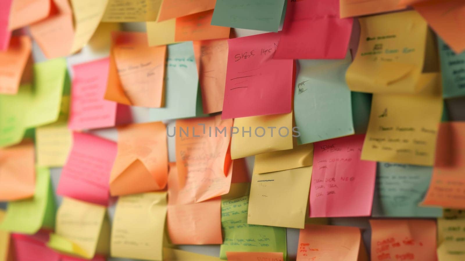 A wall covered in various colorful post it notes, creating a mosaic-like pattern. The notes are filled with handwritten messages, reminders, and to-do lists. The wall is filled from top to bottom with the notes, organized in a chaotic yet structured manner.
