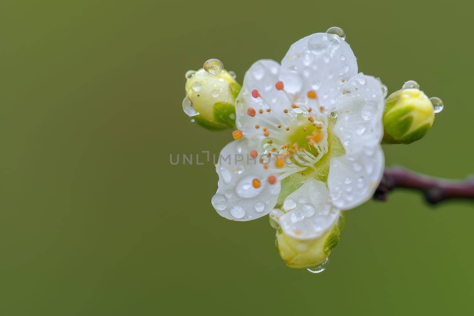 A white flower covered in glistening water droplets, reflecting light and creating a striking visual contrast. The delicate petals of the flower are emphasized by the presence of the water droplets, adding a fresh and vibrant look to the scene.