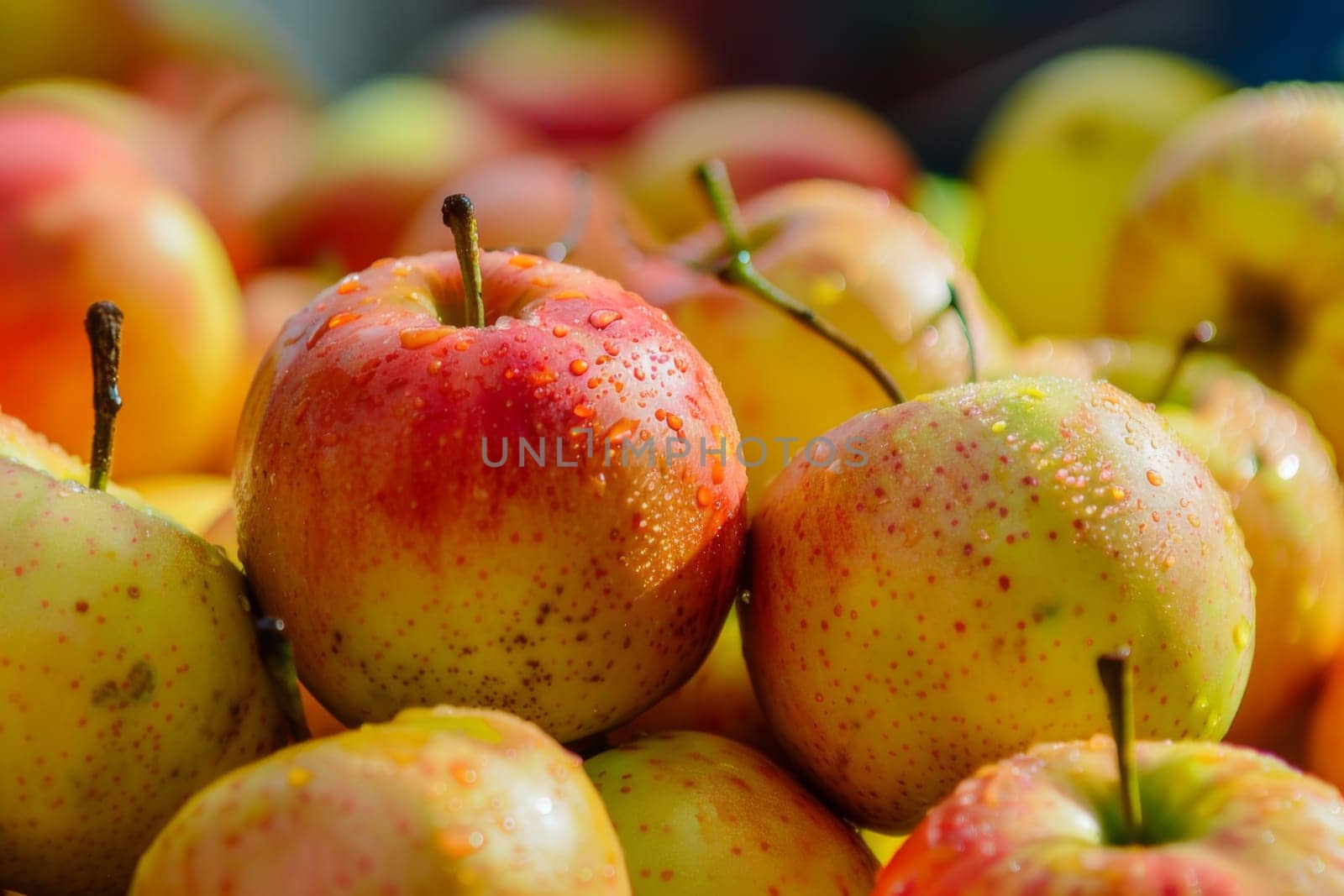 A group of apples arranged in a stack, sitting closely next to each other with their vibrant colors and varying shapes on display.
