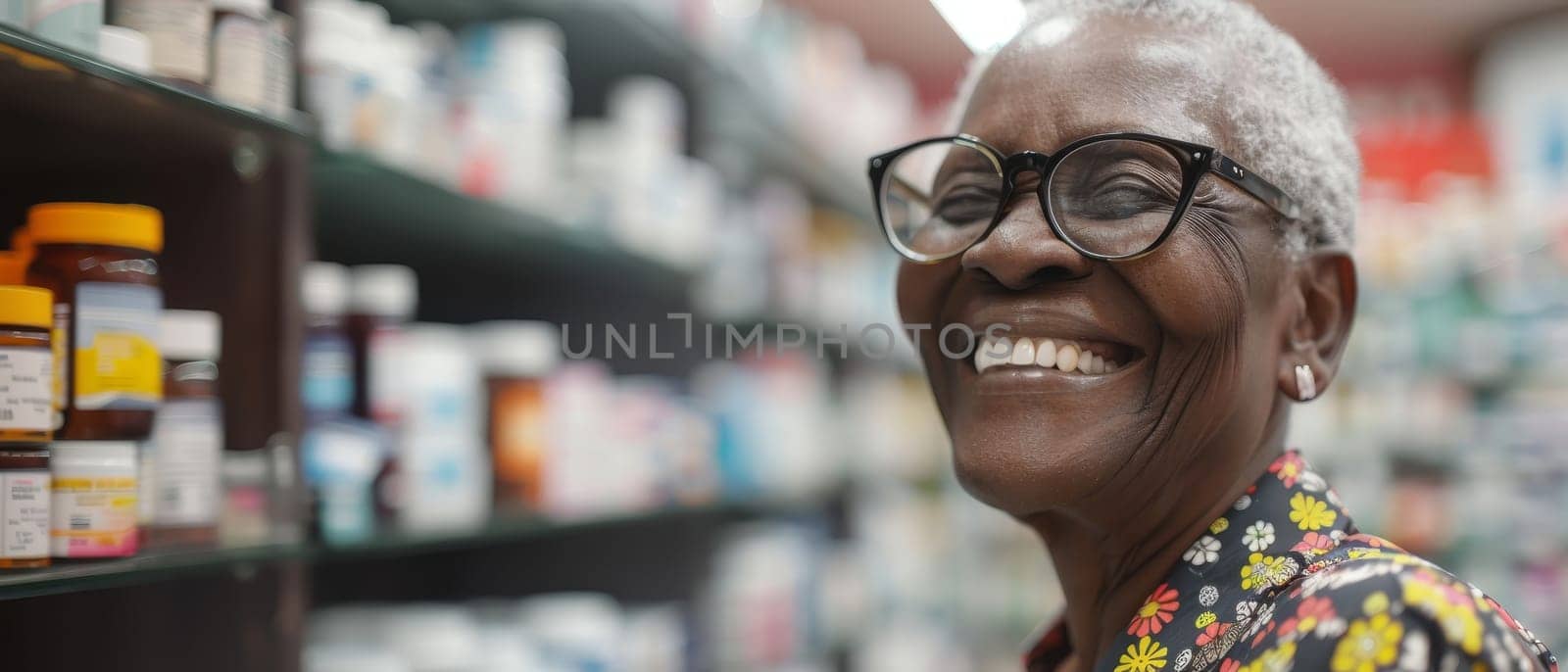 A senior woman attentively choosing medicine from a pharmacy shelf, showcasing careful decision-making in health management