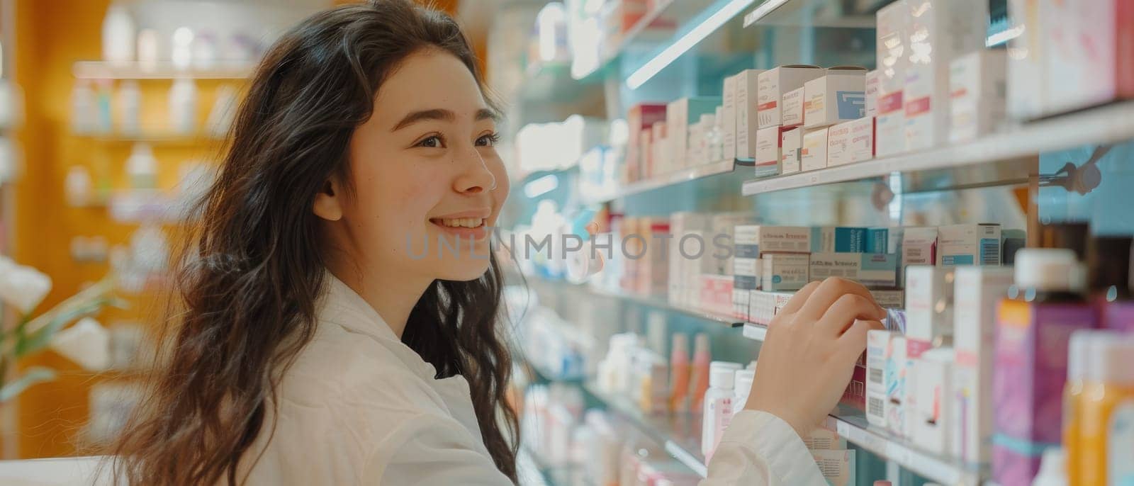 A content young woman in a stylish outfit smiles as she shops in a drugstore, the variety of products reflecting her satisfaction