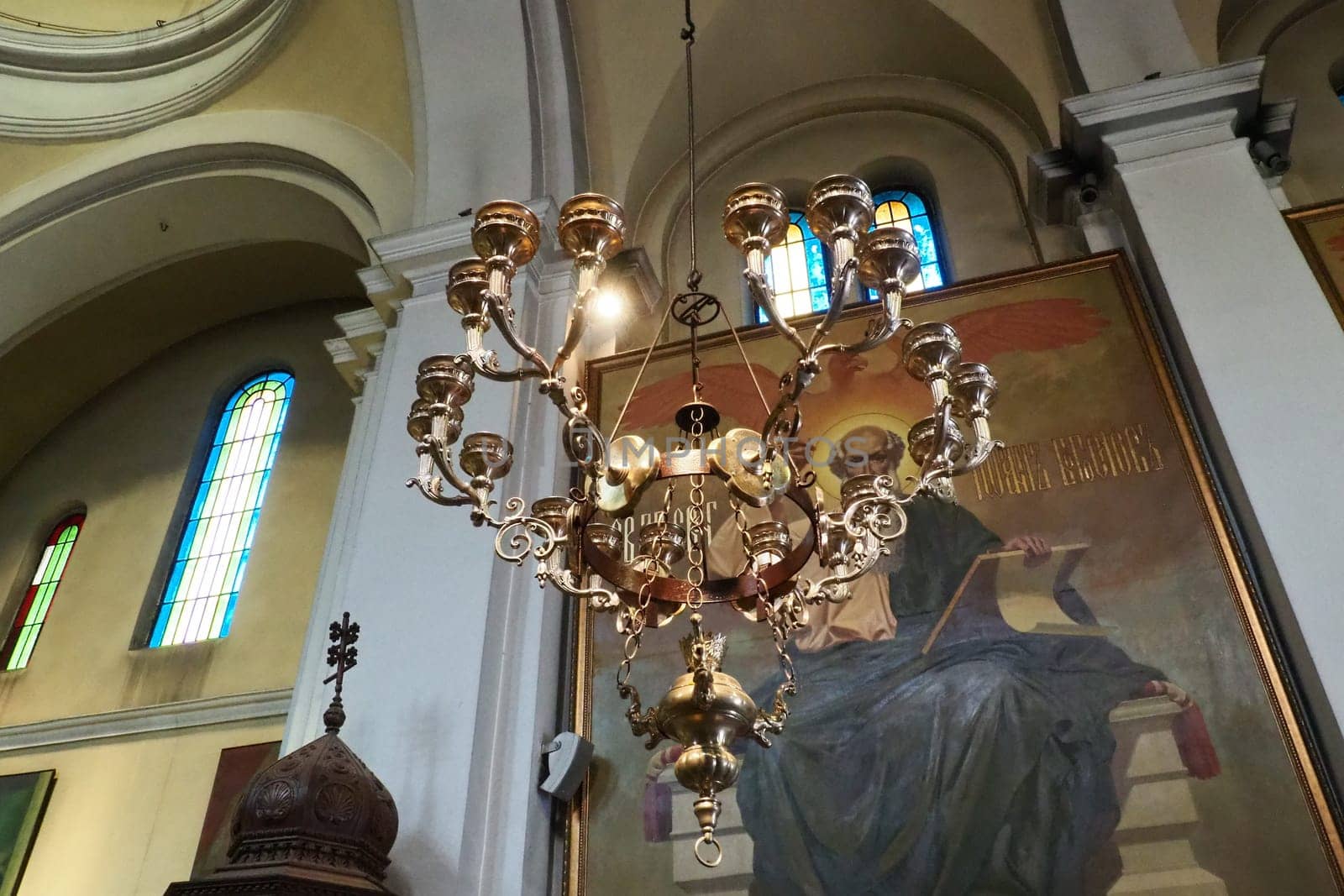 Kotor Montenegro 08.11.22 The Church of St. Nicholas attracts pilgrims tourists. Orthodox center. Interior and decoration of church, altar, icons, candles, chandeliers and antique tiles on the floor