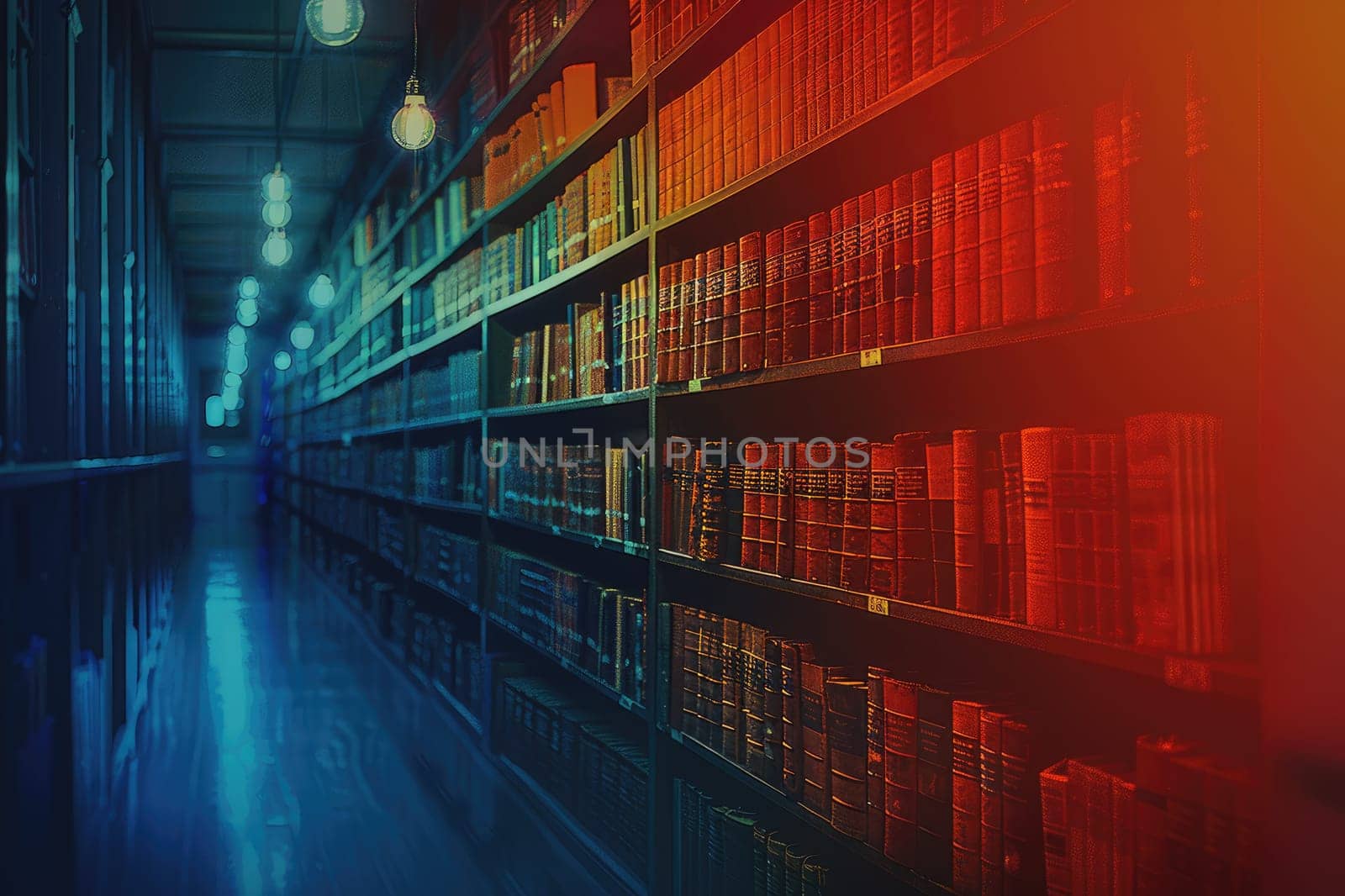 bookshelves with hanging light bulbs in modern library professional photography