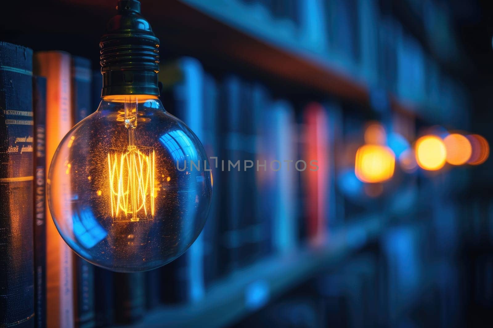 bookshelves with hanging light bulbs in modern library professional photography