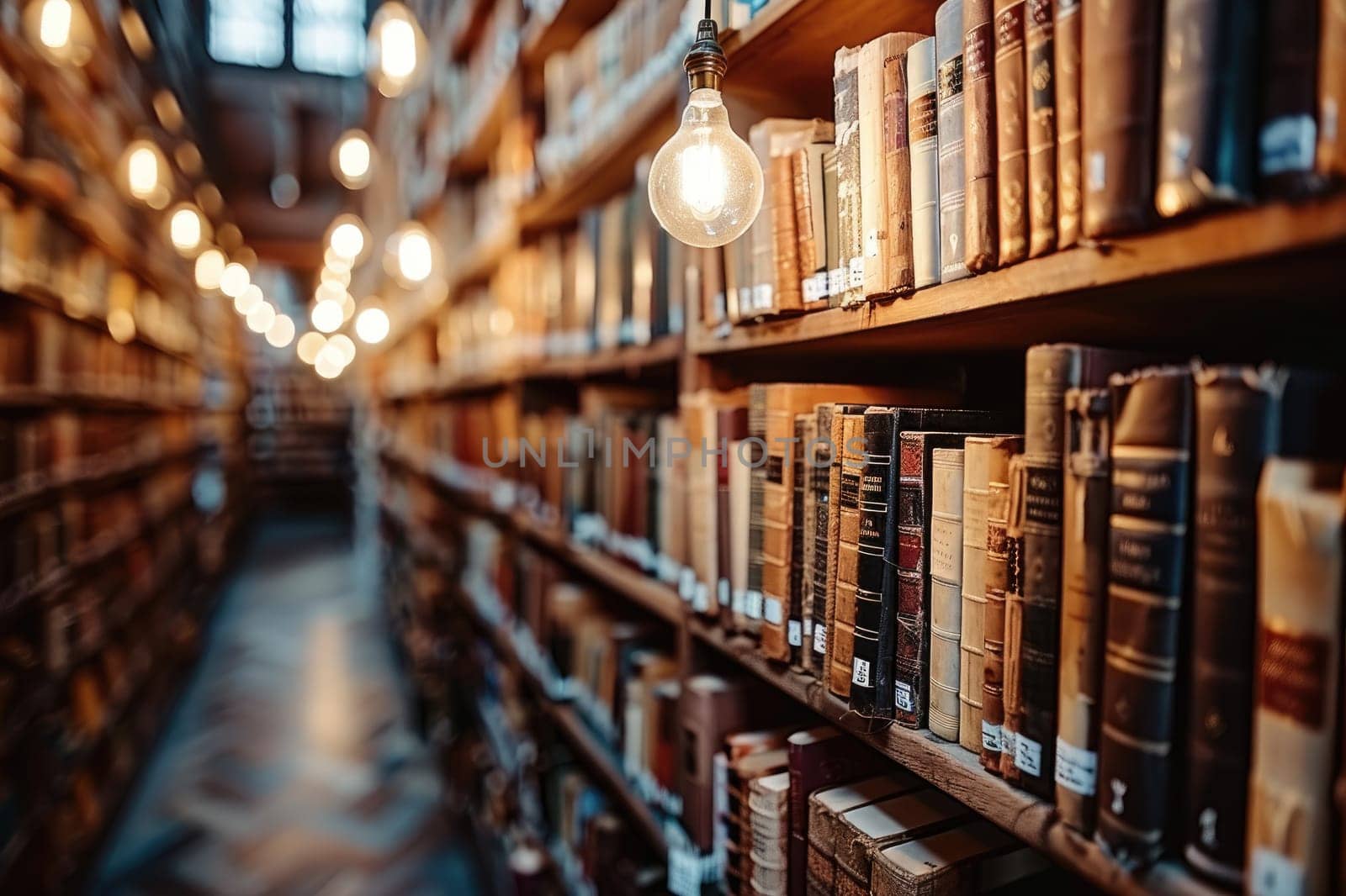 bookshelves with hanging light bulbs in modern library professional photography