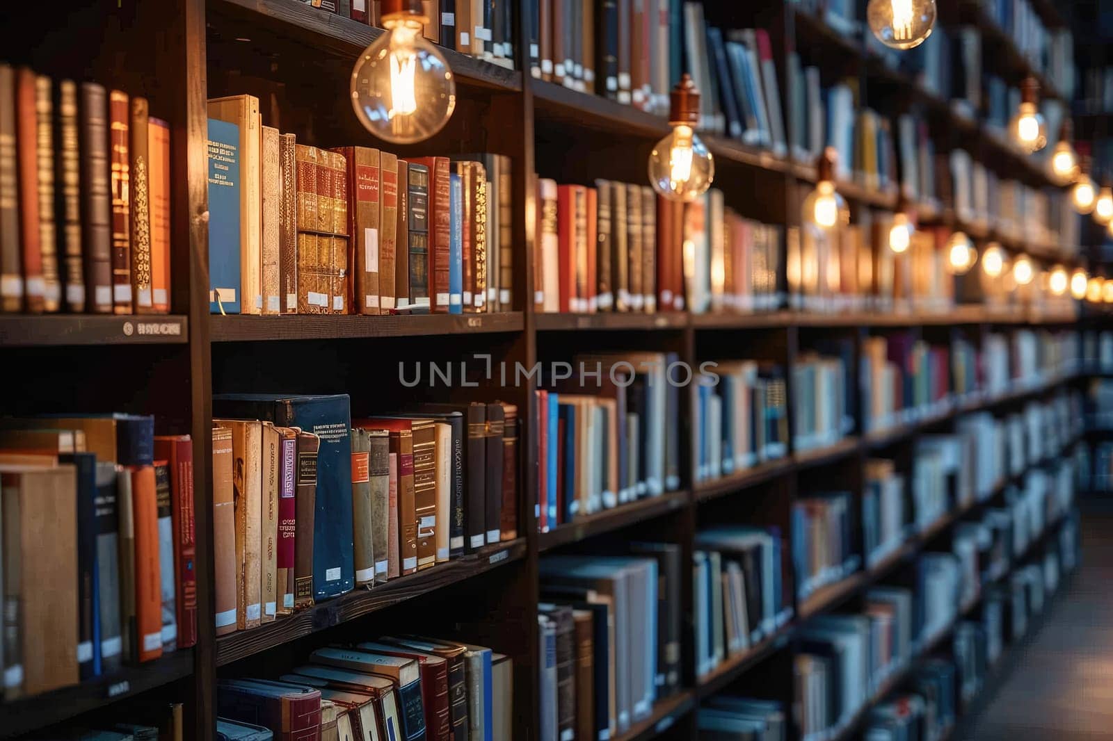 bookshelves with hanging light bulbs in modern library professional photography