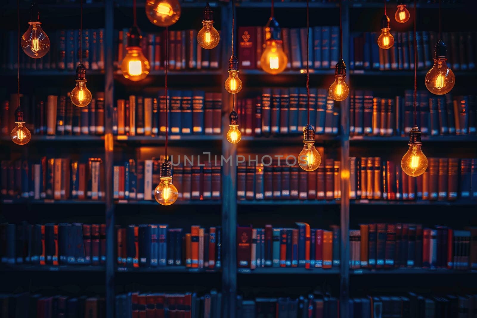 bookshelves with hanging light bulbs in modern library professional photography