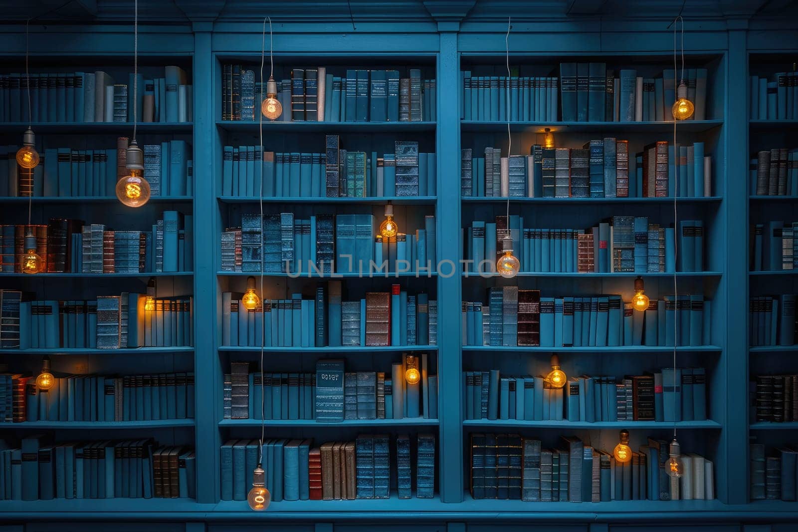 bookshelves with hanging light bulbs in modern library professional photography