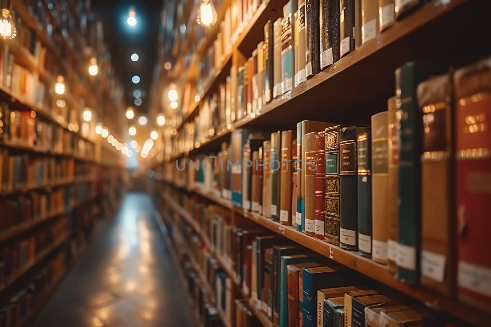 bookshelves with hanging light bulbs in modern library professional photography