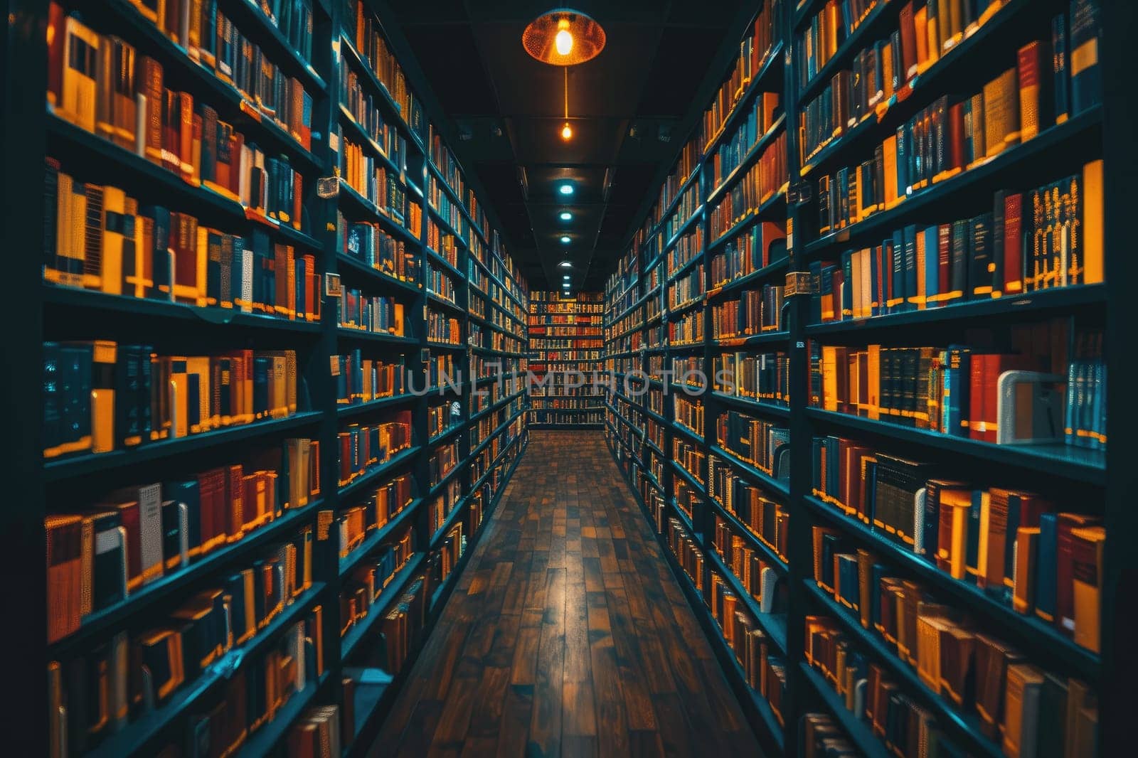 bookshelves with hanging light bulbs in modern library professional photography