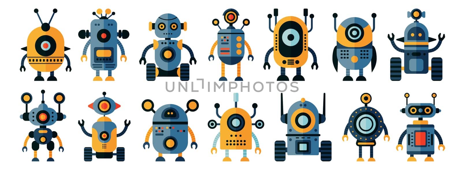 Set of retro colored robot icons Isolated on white background. Character Artificial Intelligence Concept Flat
