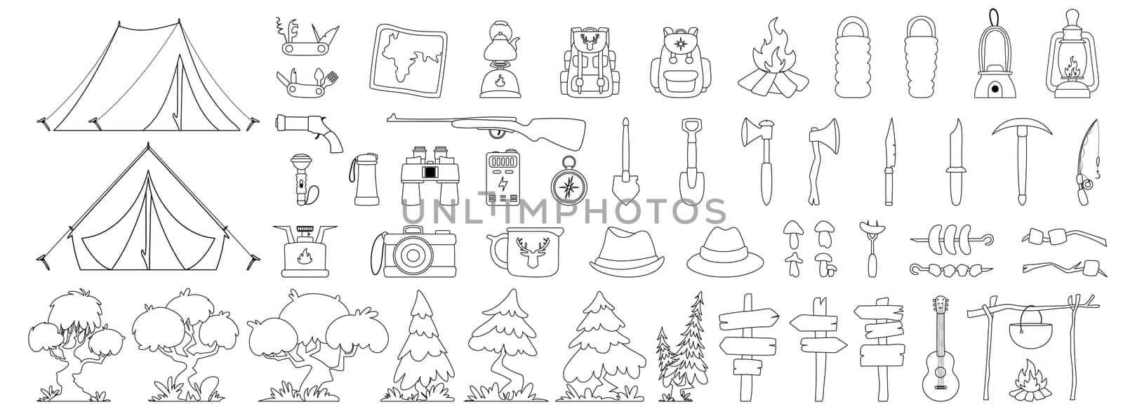 Big set of Camping, tourism, travel. Tree, grass, spruce and yellow tent. Travel backpack and sleeping bag. Fried sausages, shish kebab and marshmallows. Black lines style. Vector by Javvani