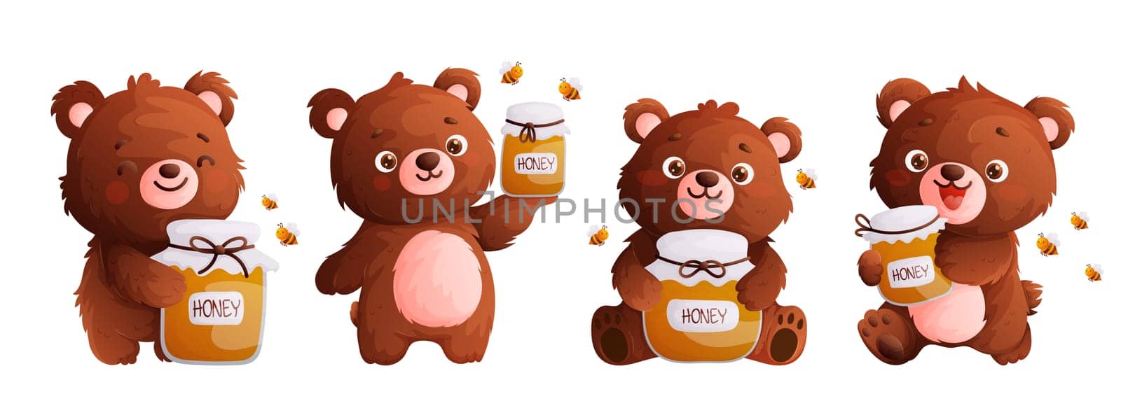 A set of four bears holding a jar of honey in their paws. Cute bear, friendly bees and honey in a glass container. Cartoon style
