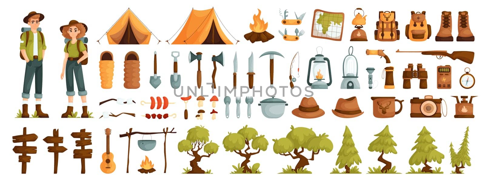 A guy and a girl are tourists. Tree, grass, fir tree and yellow tent. Travel backpack and sleeping bag. Grilled sausages, shish kebab and marshmallows.