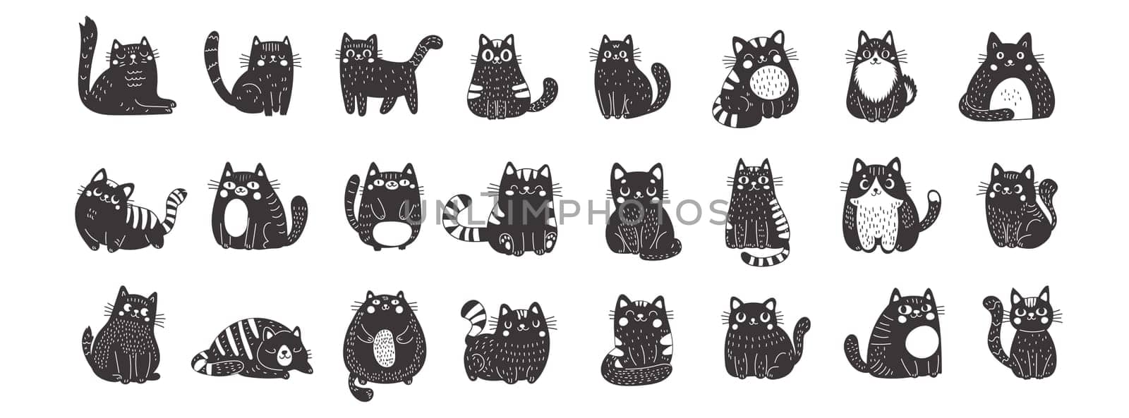 Big set of black cats in linocut style. Cute funny fluffy cats. Perfect for those who appreciate the sweet and whimsical side of feline charm.