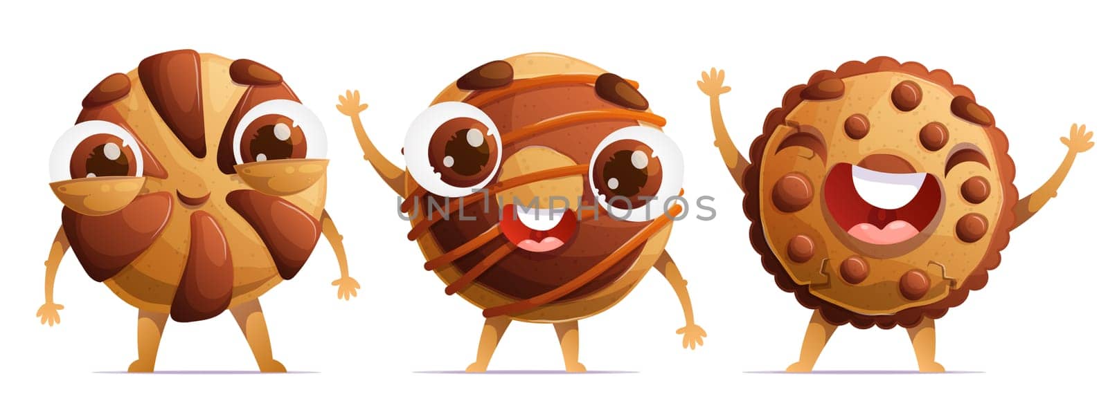A set of three cute characters in the form of traditional cookies. Little happy shortbread cookies with chocolate chips. Dynamic poses, colorful detailed Cartoon style